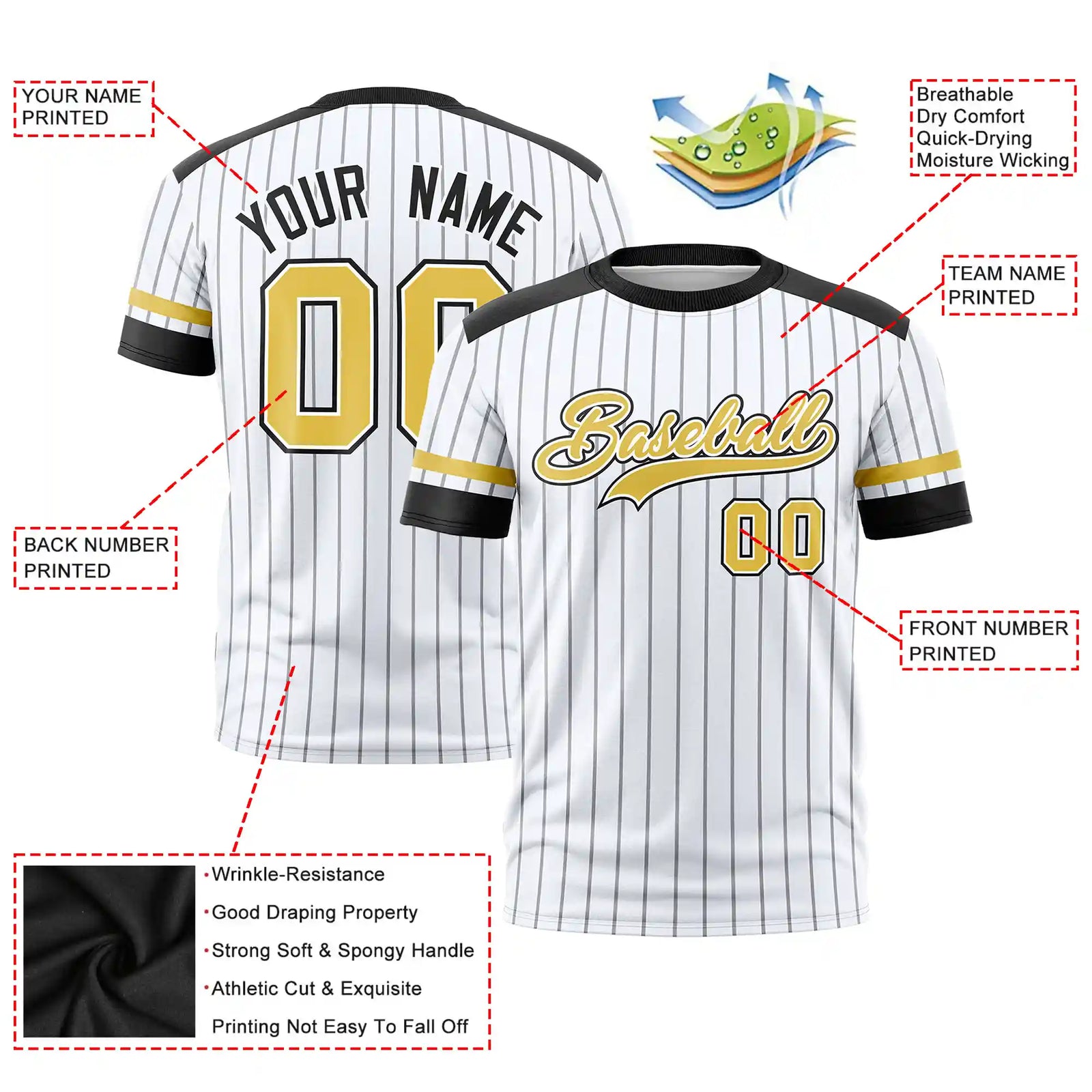 Custom White Black-Old Gold Pinstripe Pattern Design Performance T-Shirt