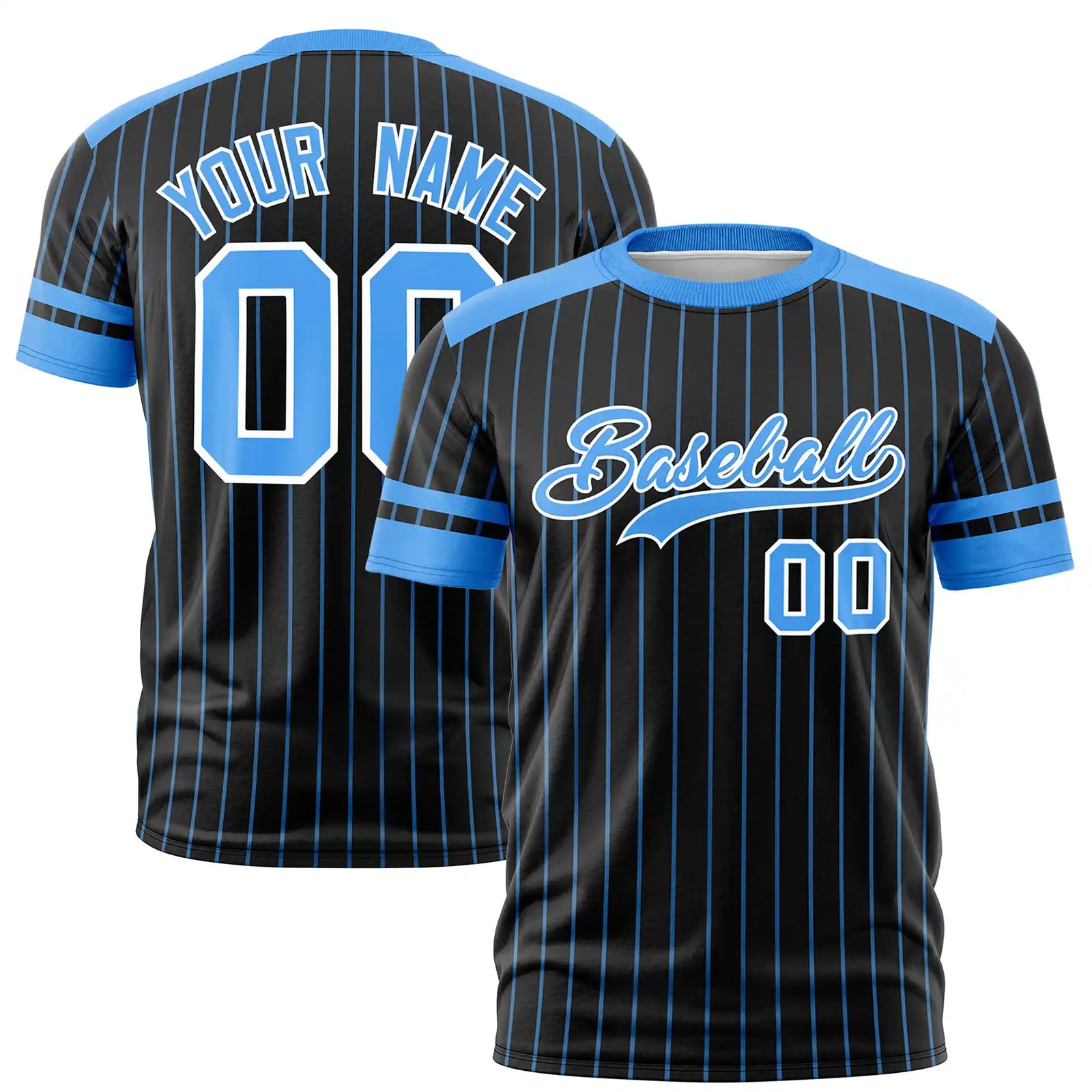 Custom Black Powder Blue-Powder Blue Pinstripe Pattern Design Performance T-Shirt
