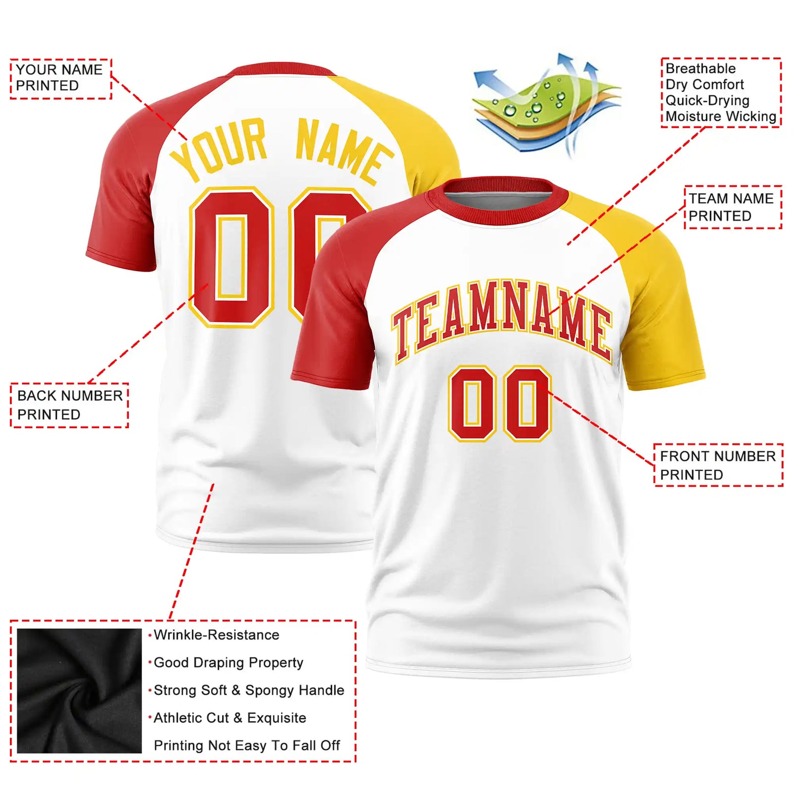 Custom White Red-Gold01 Crew Neck Two Tone Sleeve Design Performance T-Shirt