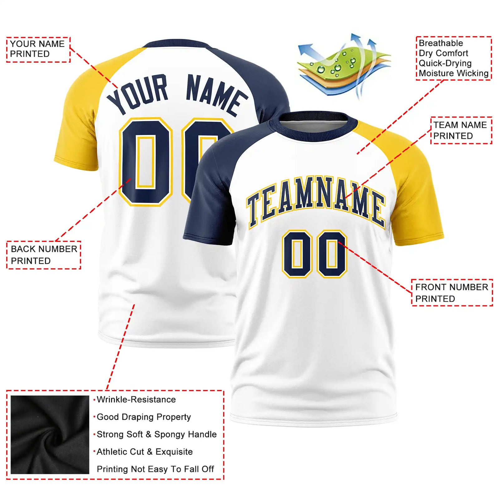 Custom White Navy-Gold01 Crew Neck Two Tone Sleeve Design Performance T-Shirt