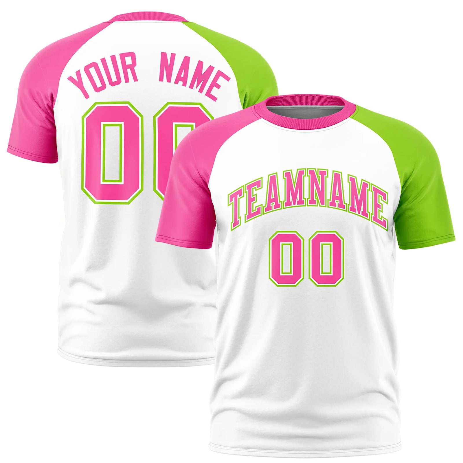 Custom White Pink-Neon Green Crew Neck Two Tone Sleeve Design Performance T-Shirt
