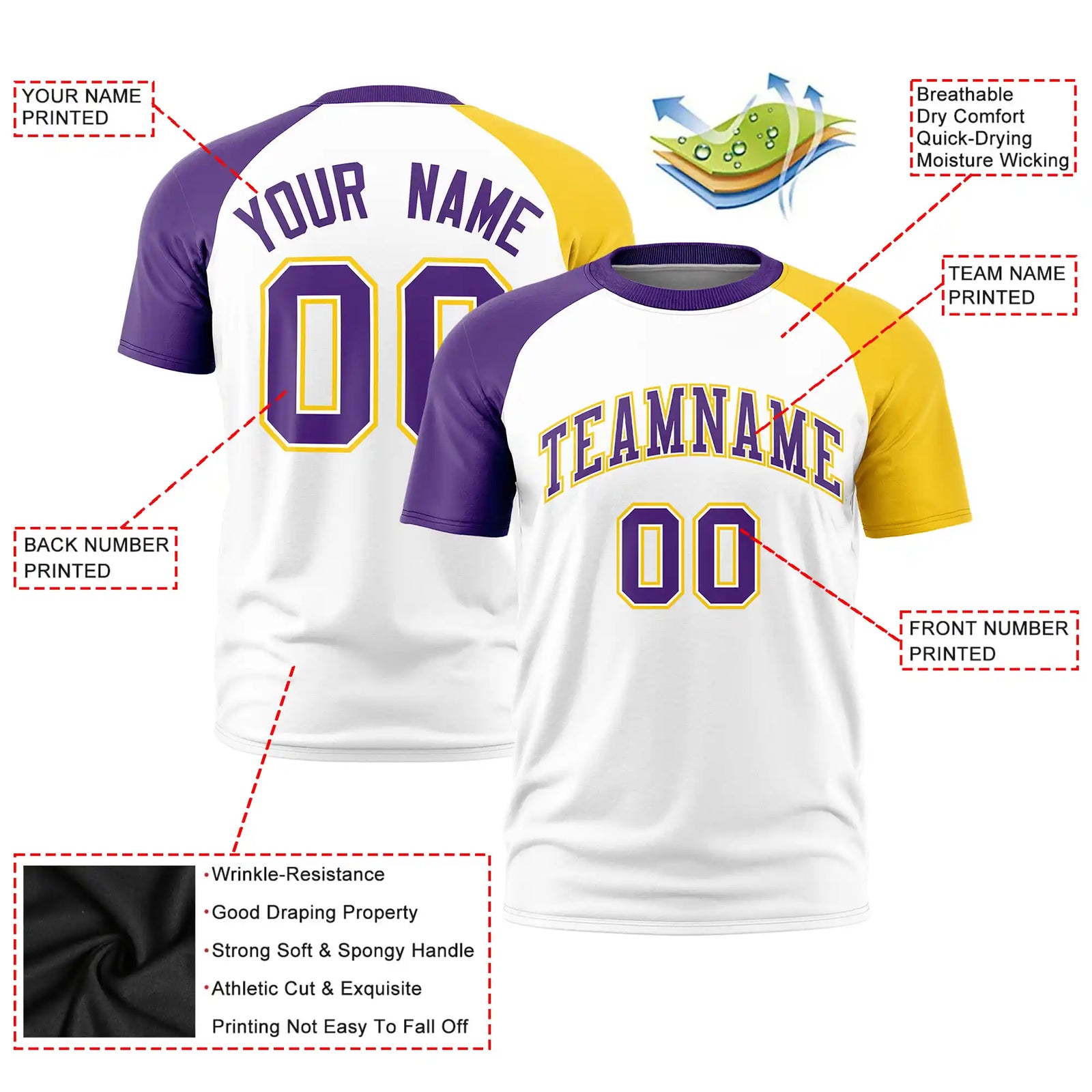 Custom White Purple-Gold01 Crew Neck Two Tone Sleeve Design Performance T-Shirt