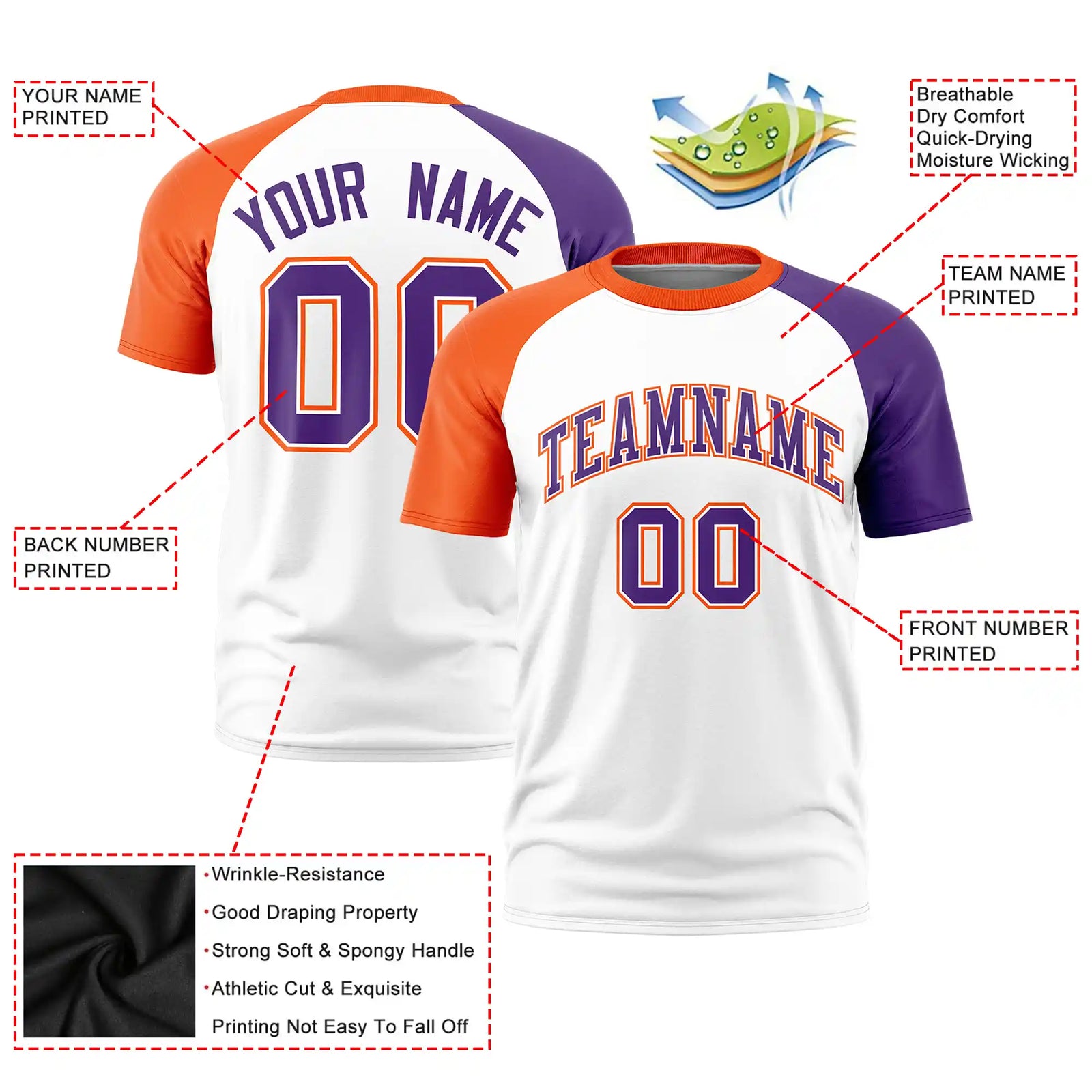 Custom White Orange-Purple Crew Neck Two Tone Sleeve Design Performance T-Shirt