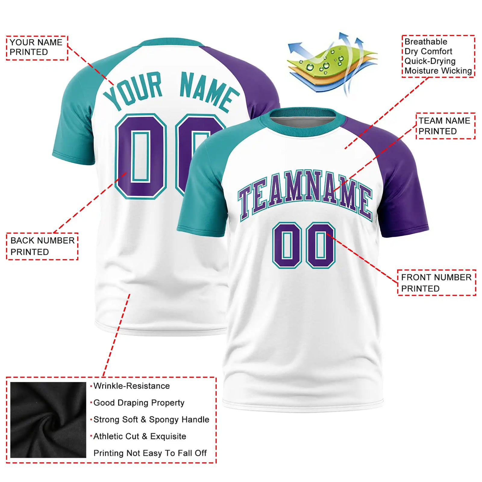 Custom White Aqua-Purple Crew Neck Two Tone Sleeve Design Performance T-Shirt