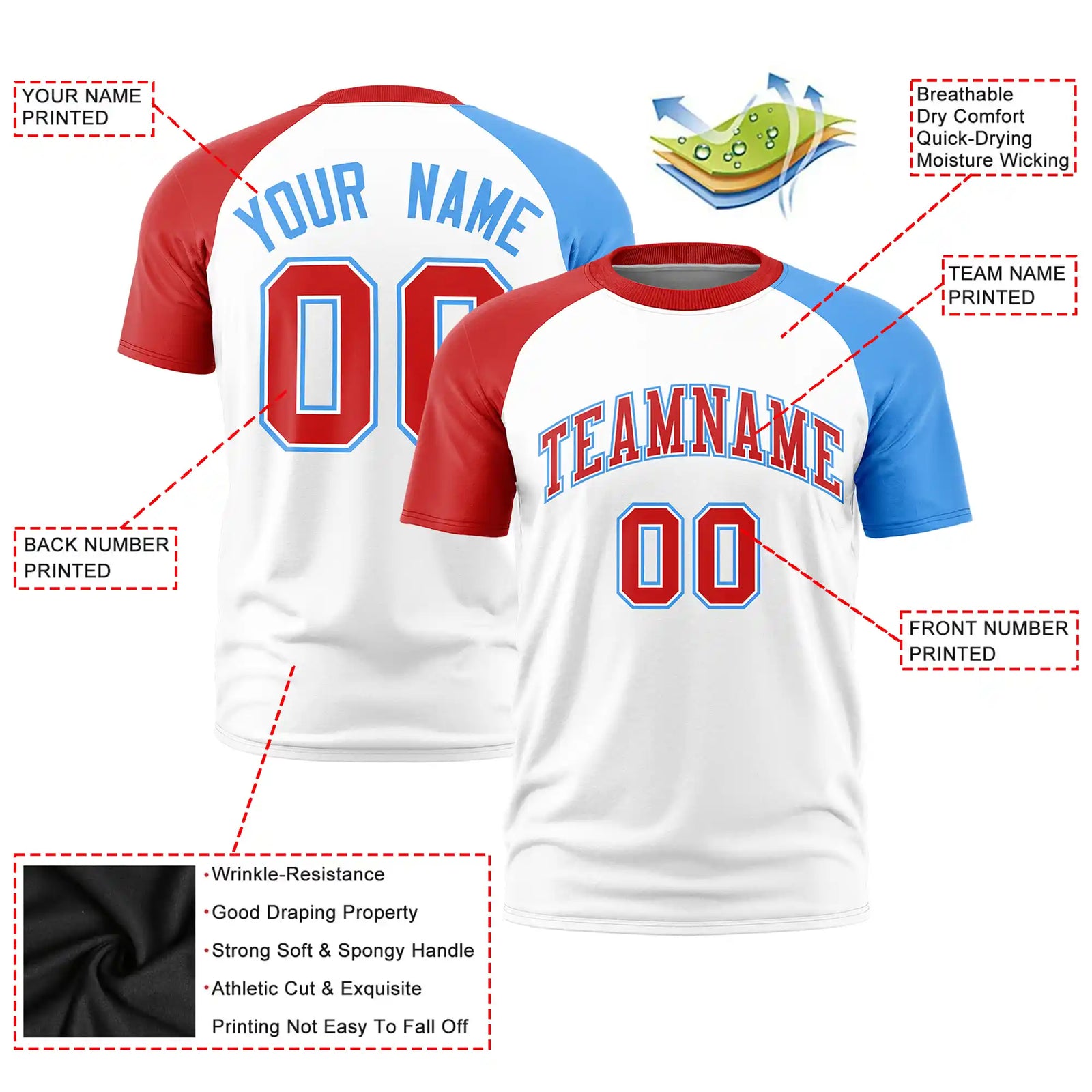 Custom White Red-Powder Blue Crew Neck Two Tone Sleeve Design Performance T-Shirt