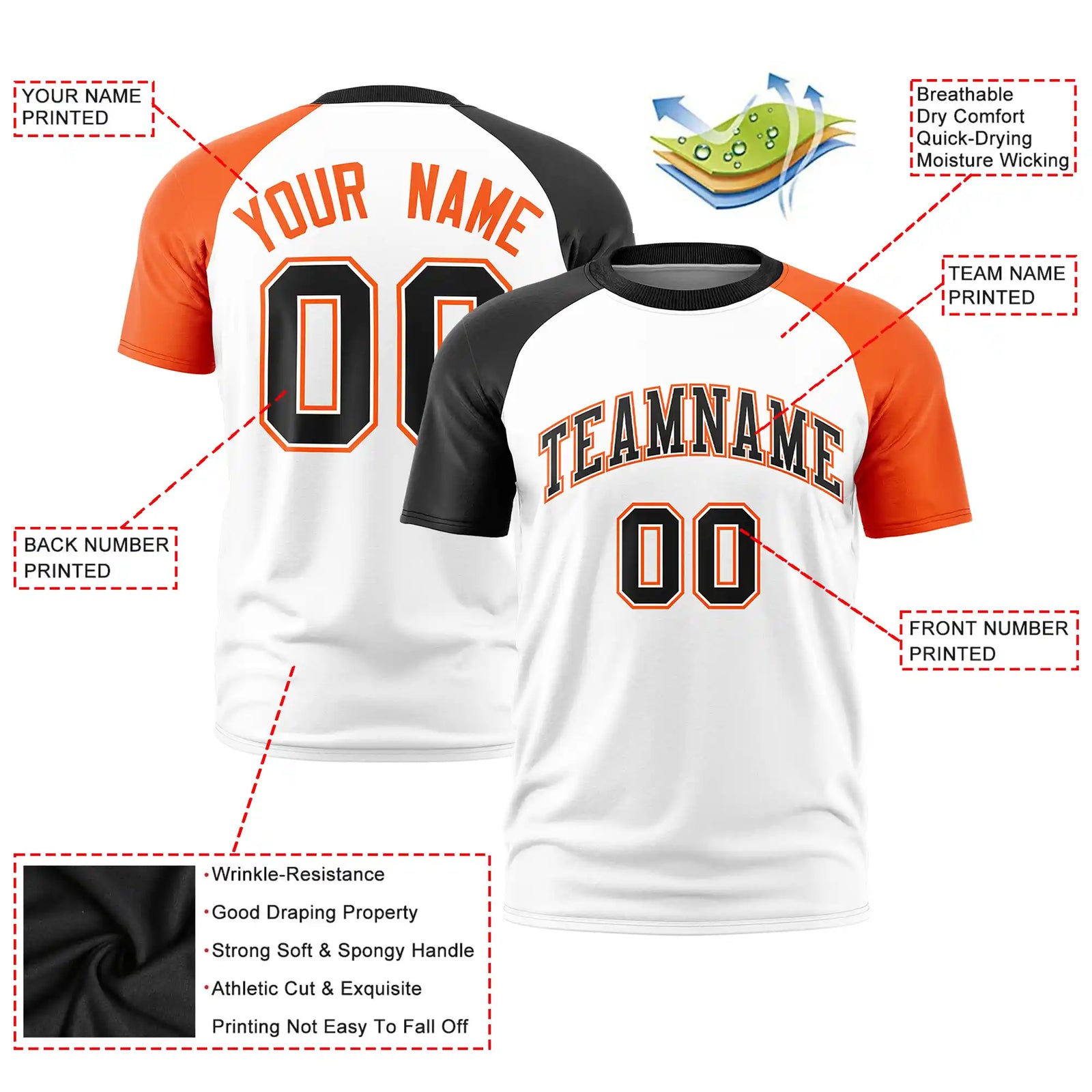 Custom White Black-Orange Crew Neck Two Tone Sleeve Design Performance T-Shirt