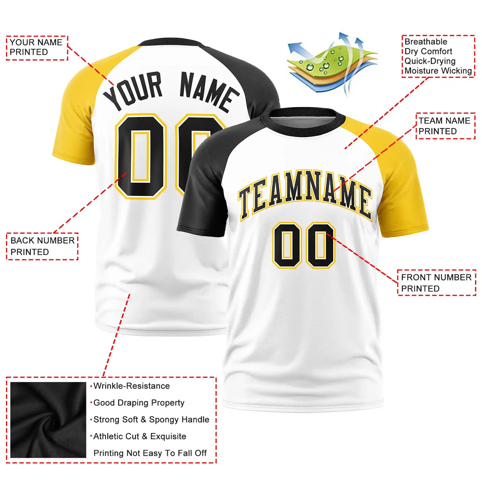 Custom White Black-Gold01 Crew Neck Two Tone Sleeve Design Performance T-Shirt