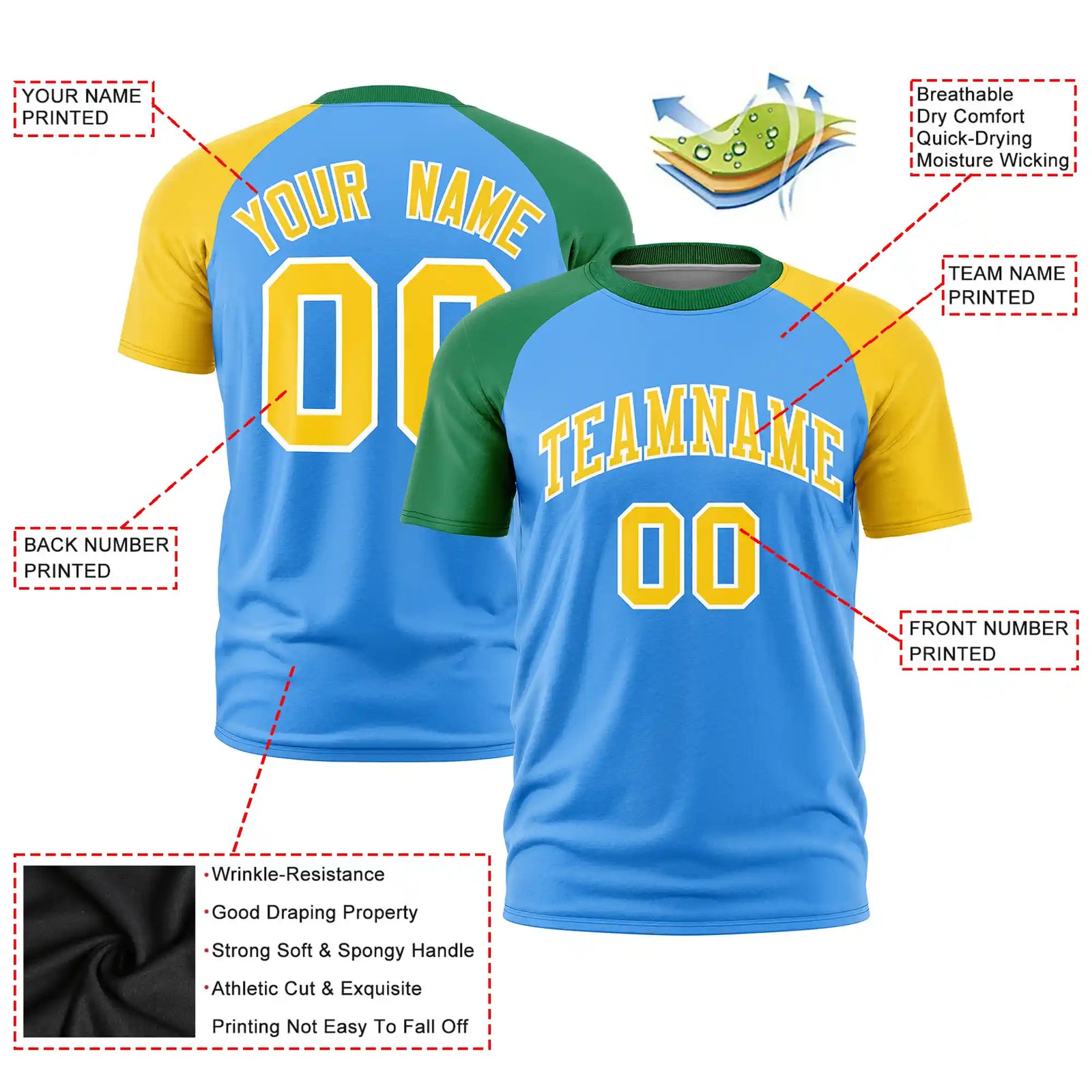 Custom Powder Blue Kelly Green-Gold01 Crew Neck Two Tone Sleeve Design Performance T-Shirt