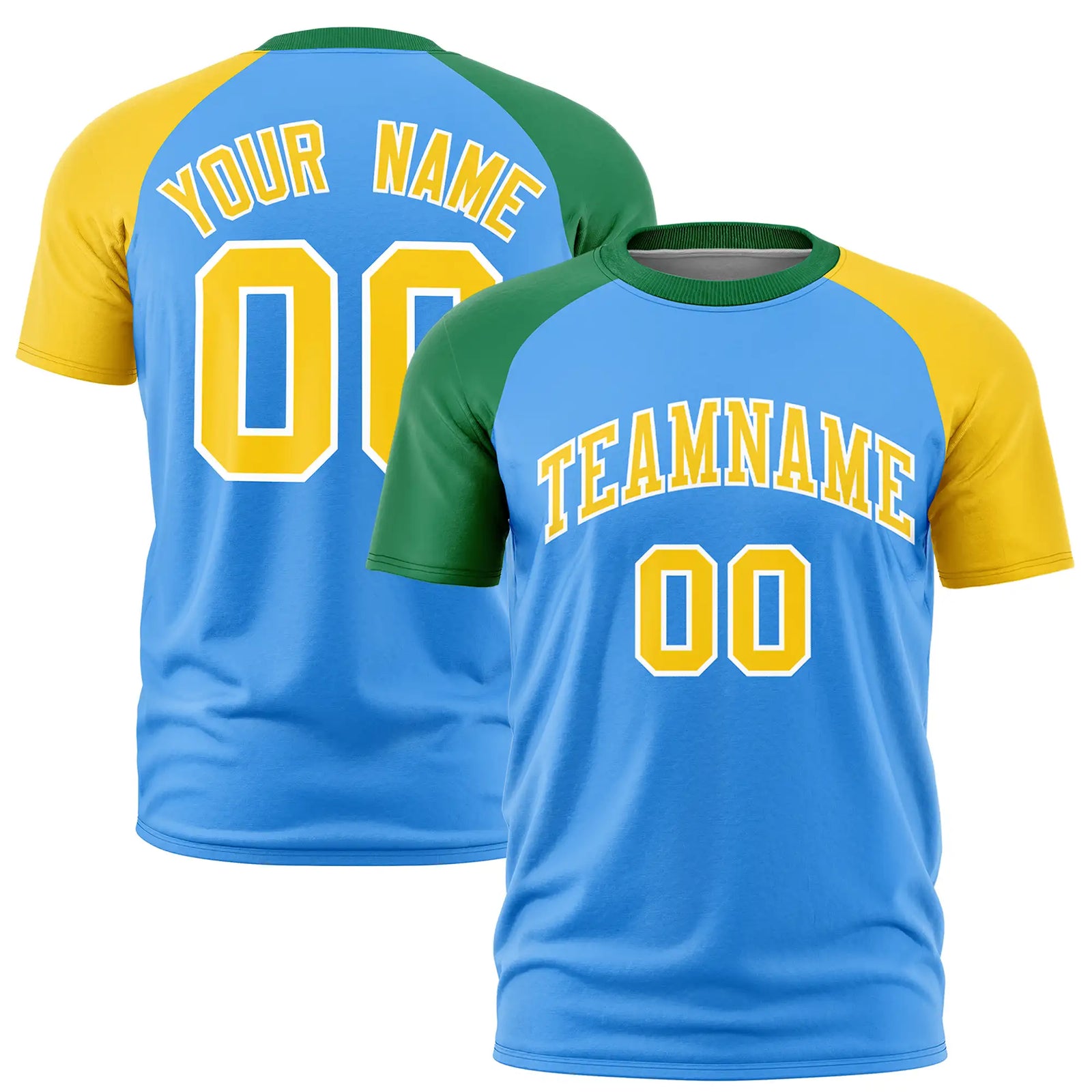 Custom Powder Blue Kelly Green-Gold01 Crew Neck Two Tone Sleeve Design Performance T-Shirt