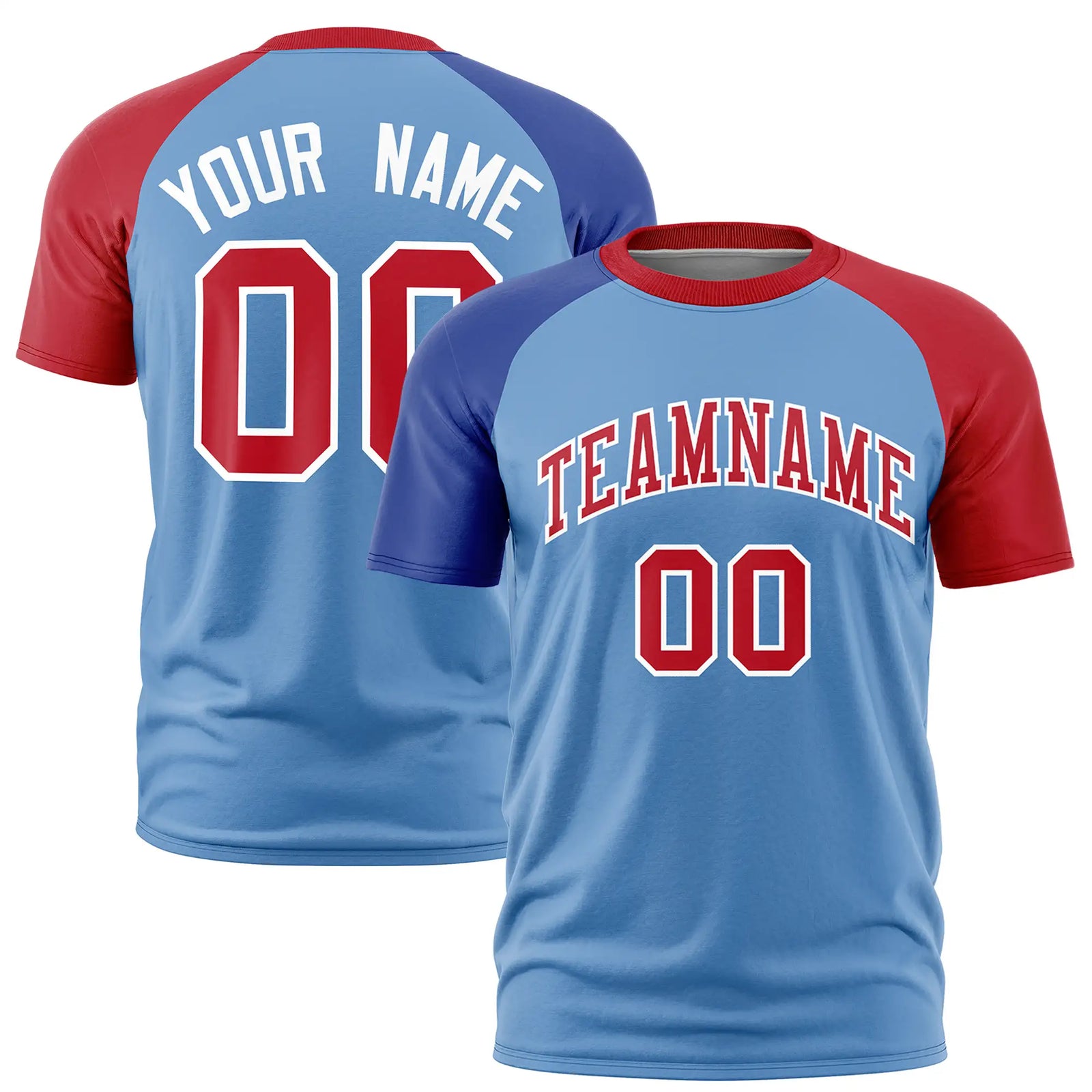 Custom Light Blue Royal Blue-Red Crew Neck Two Tone Sleeve Design Performance T-Shirt