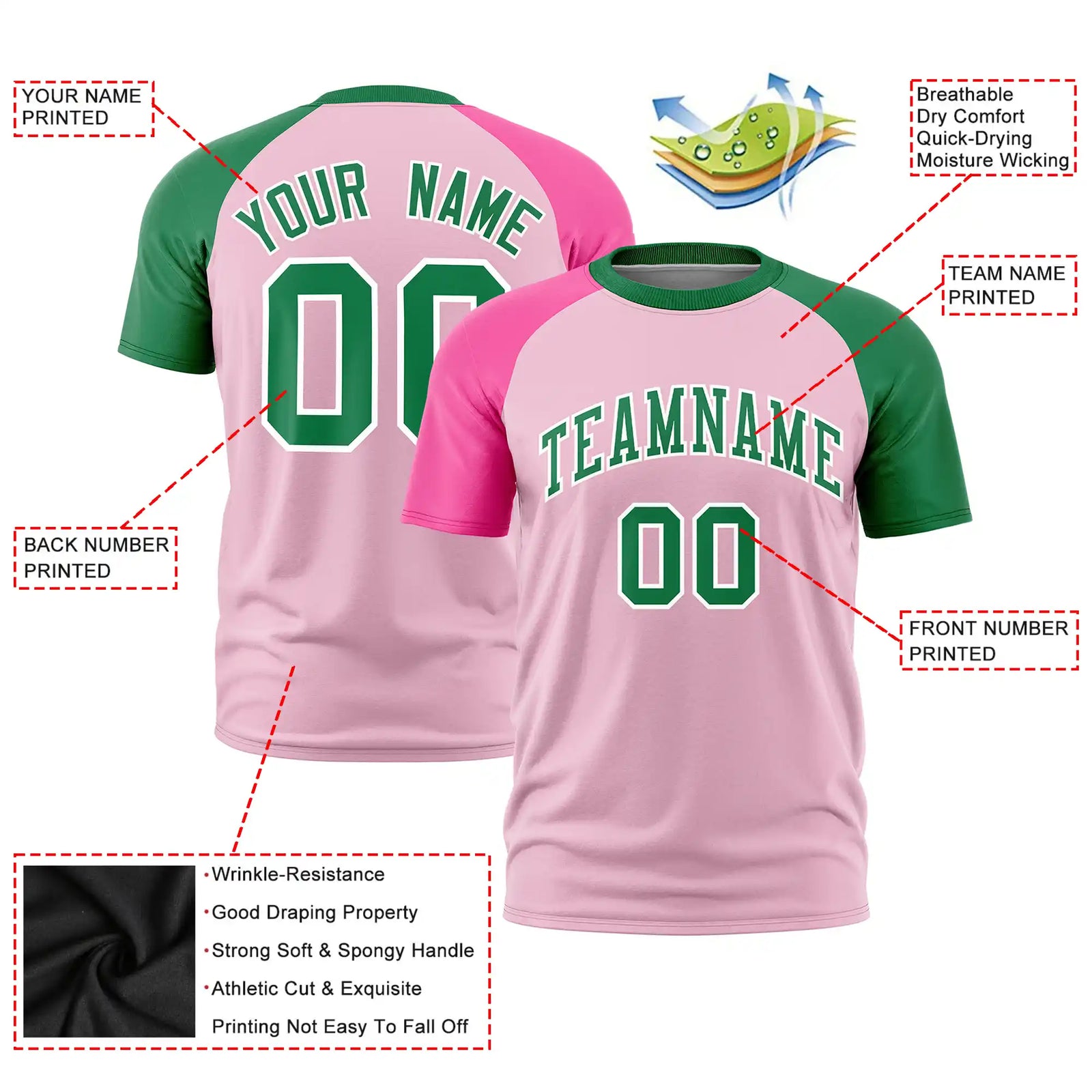 Custom Light Pink Pink-Kelly Green Crew Neck Two Tone Sleeve Design Performance T-Shirt