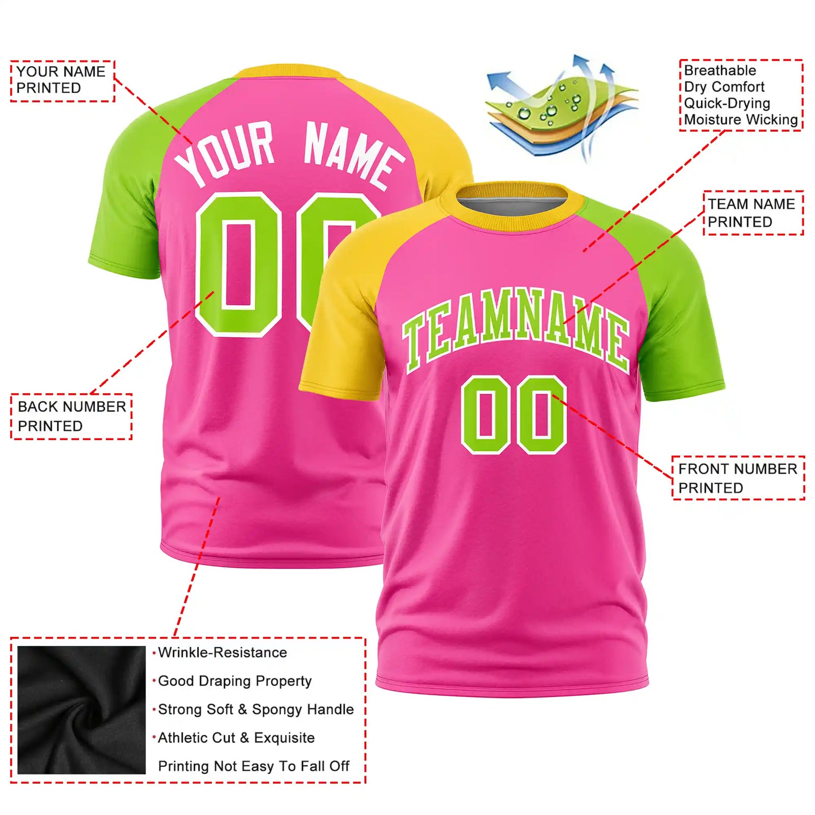 Custom Pink Gold01-Neon Green Crew Neck Two Tone Sleeve Design Performance T-Shirt