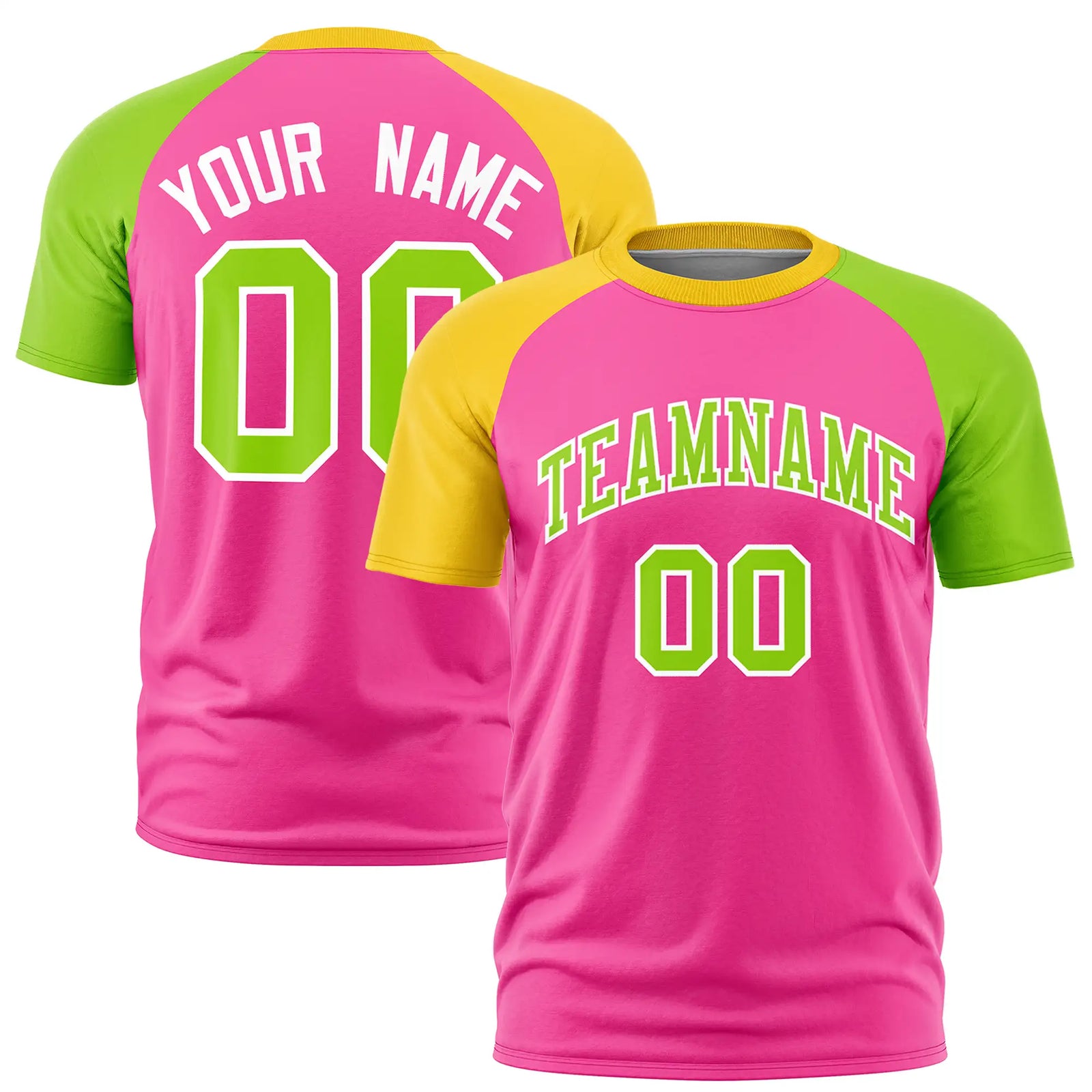 Custom Pink Gold01-Neon Green Crew Neck Two Tone Sleeve Design Performance T-Shirt