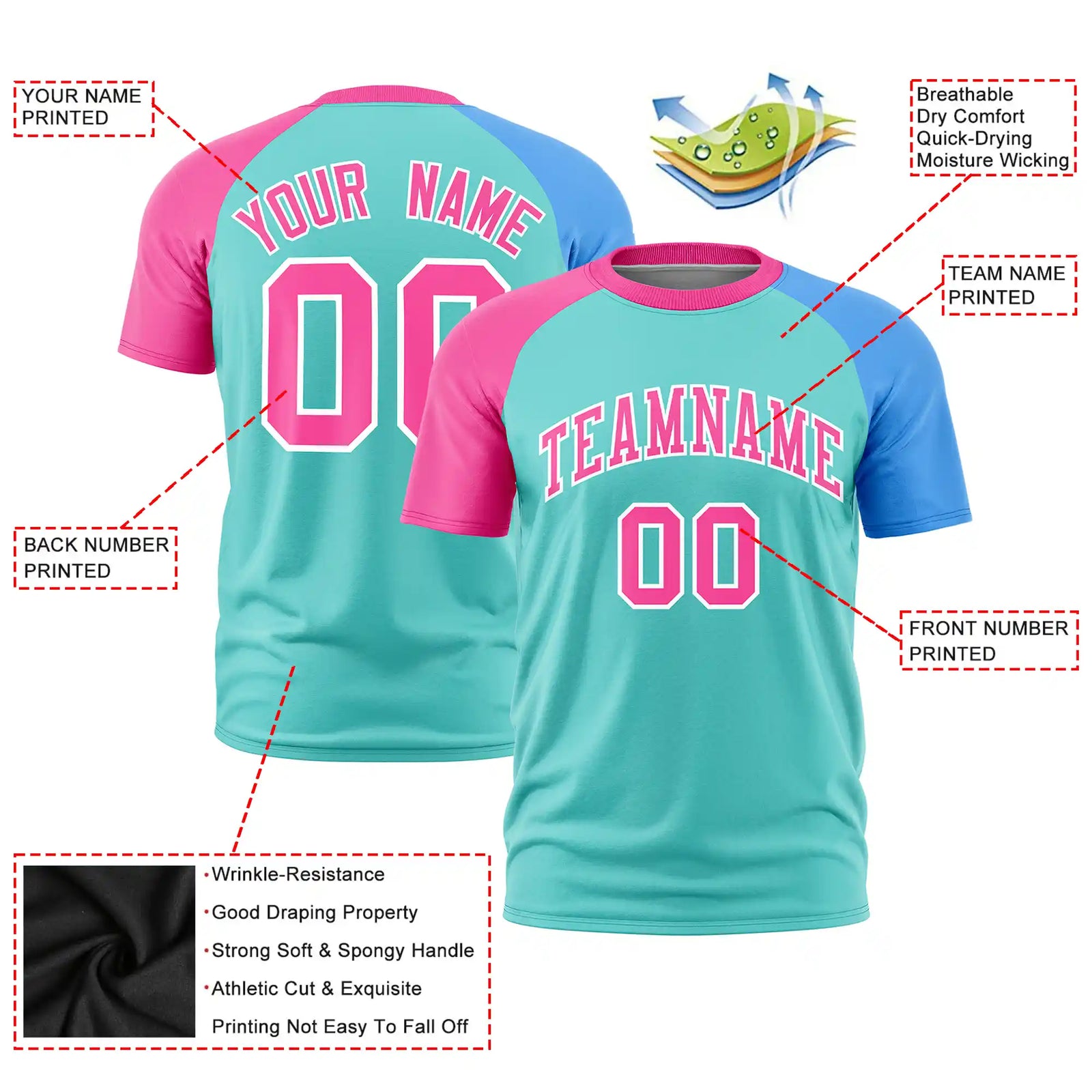 Custom Bright Green Pink-Powder Blue Crew Neck Two Tone Sleeve Design Performance T-Shirt