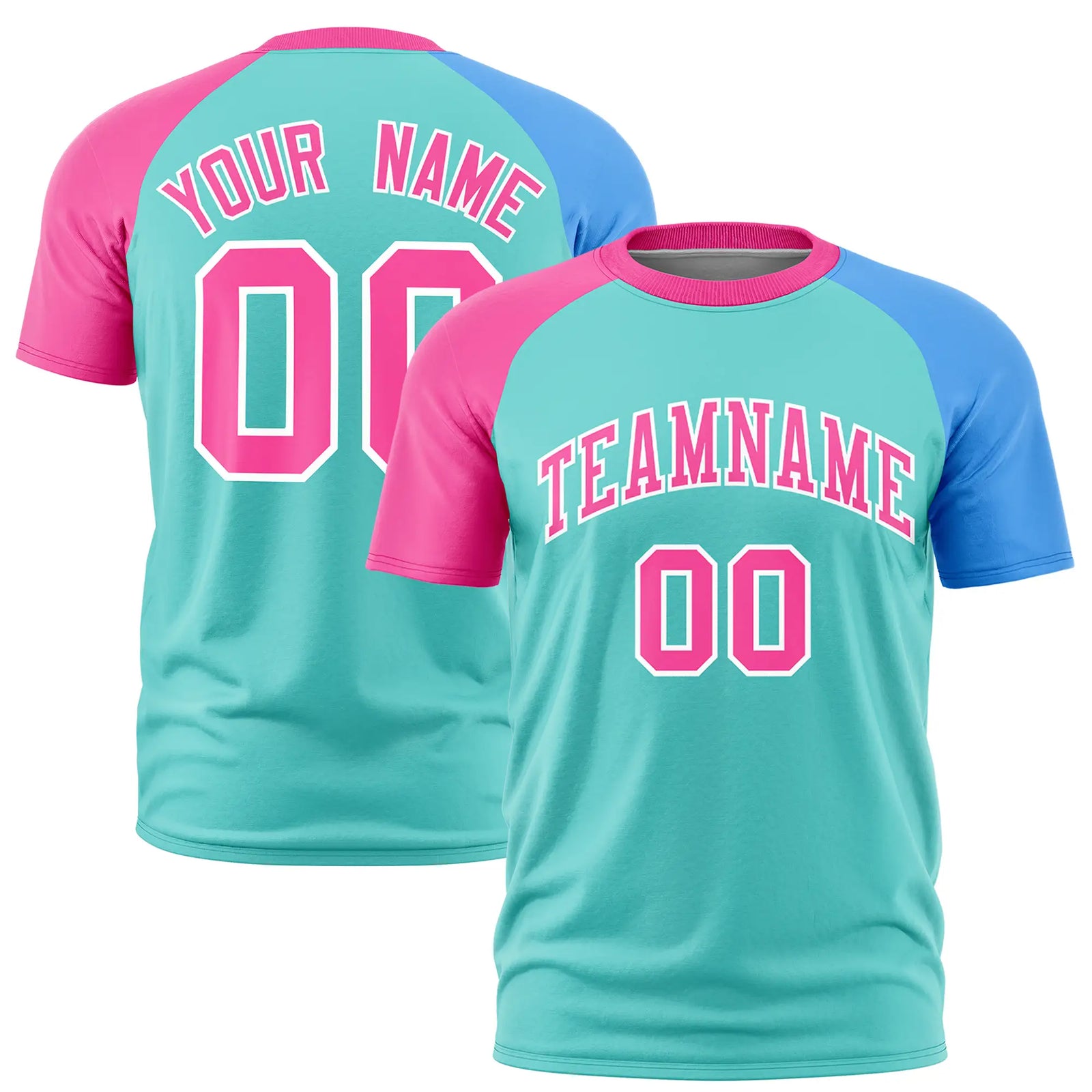 Custom Bright Green Pink-Powder Blue Crew Neck Two Tone Sleeve Design Performance T-Shirt