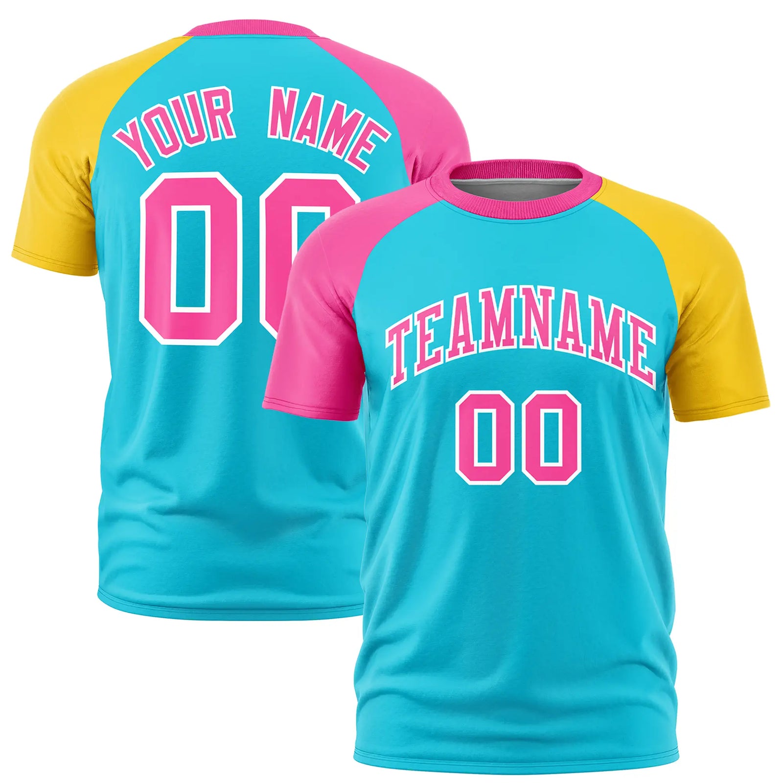 Custom Sky Blue Pink-Gold01 Crew Neck Two Tone Sleeve Design Performance T-Shirt