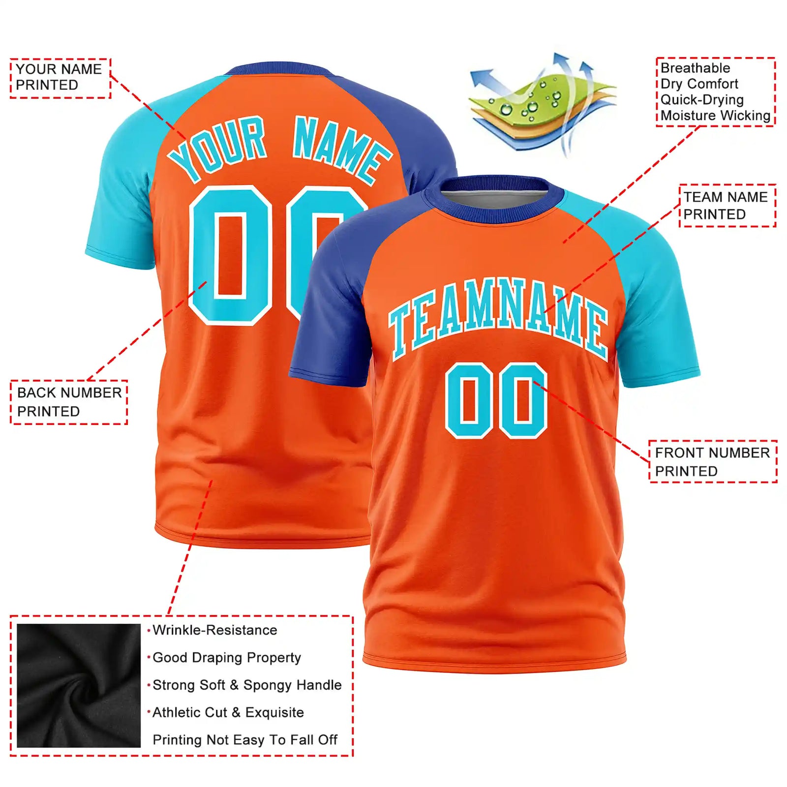 Custom Orange Royal Blue-Sky Blue Crew Neck Two Tone Sleeve Design Performance T-Shirt