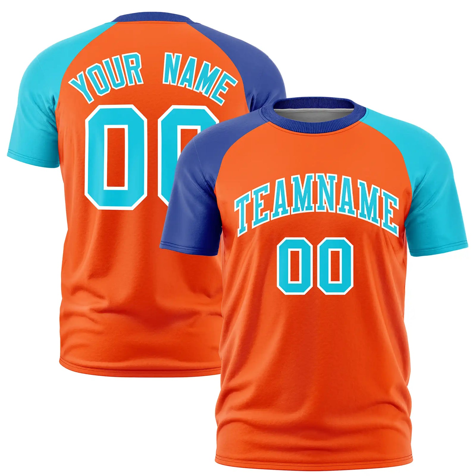 Custom Orange Royal Blue-Sky Blue Crew Neck Two Tone Sleeve Design Performance T-Shirt