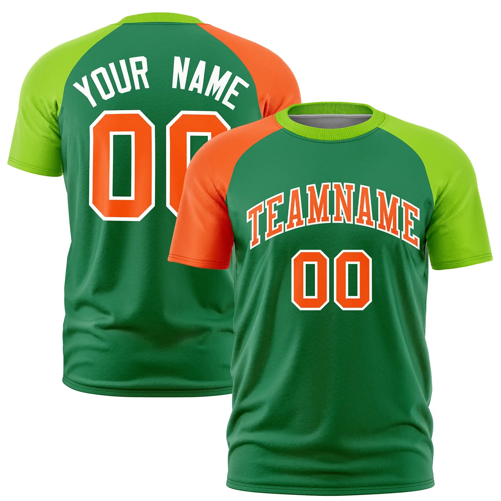 Custom Kelly Green Orange-Neon Green Crew Neck Two Tone Sleeve Design Performance T-Shirt