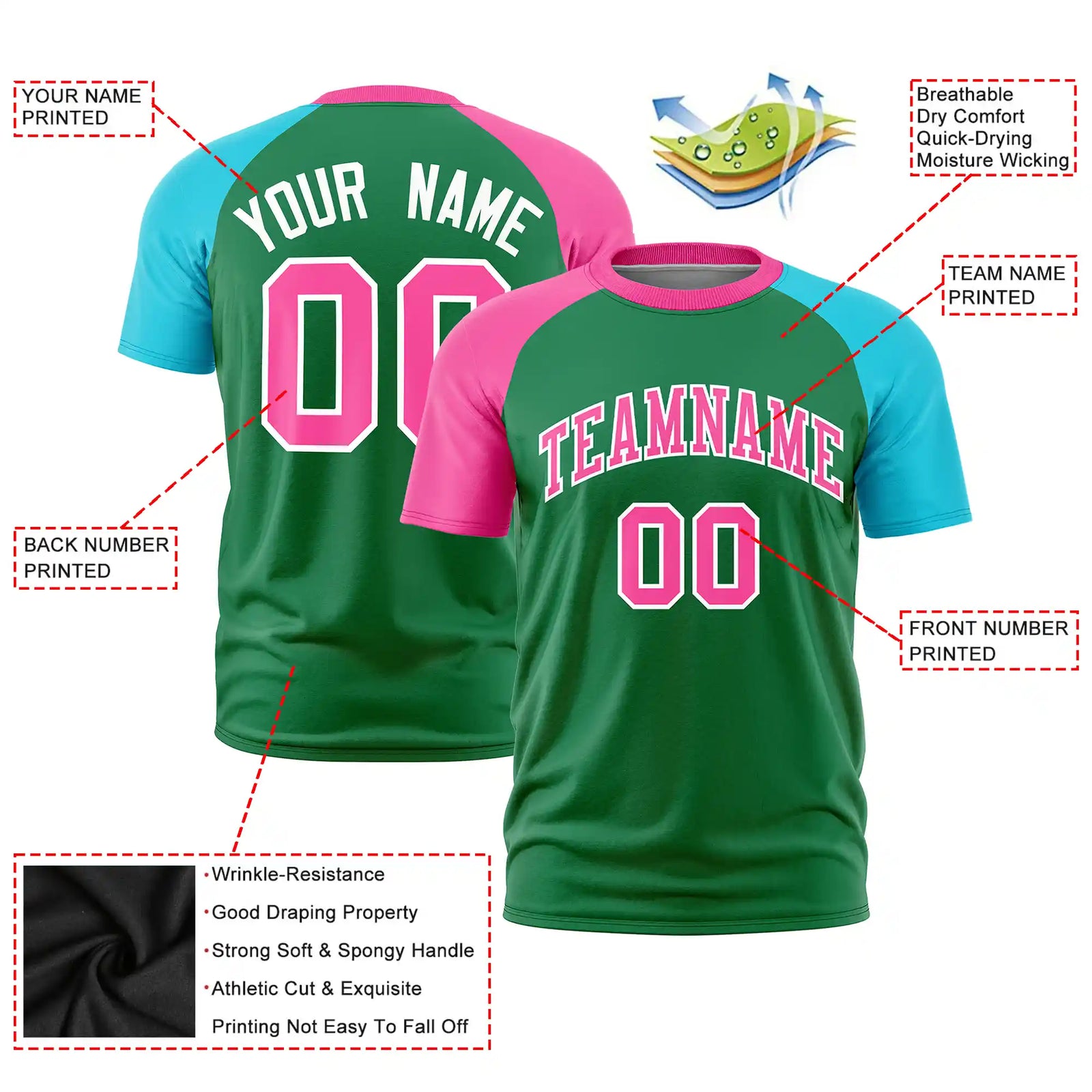 Custom Kelly Green Pink-Sky Blue Crew Neck Two Tone Sleeve Design Performance T-Shirt