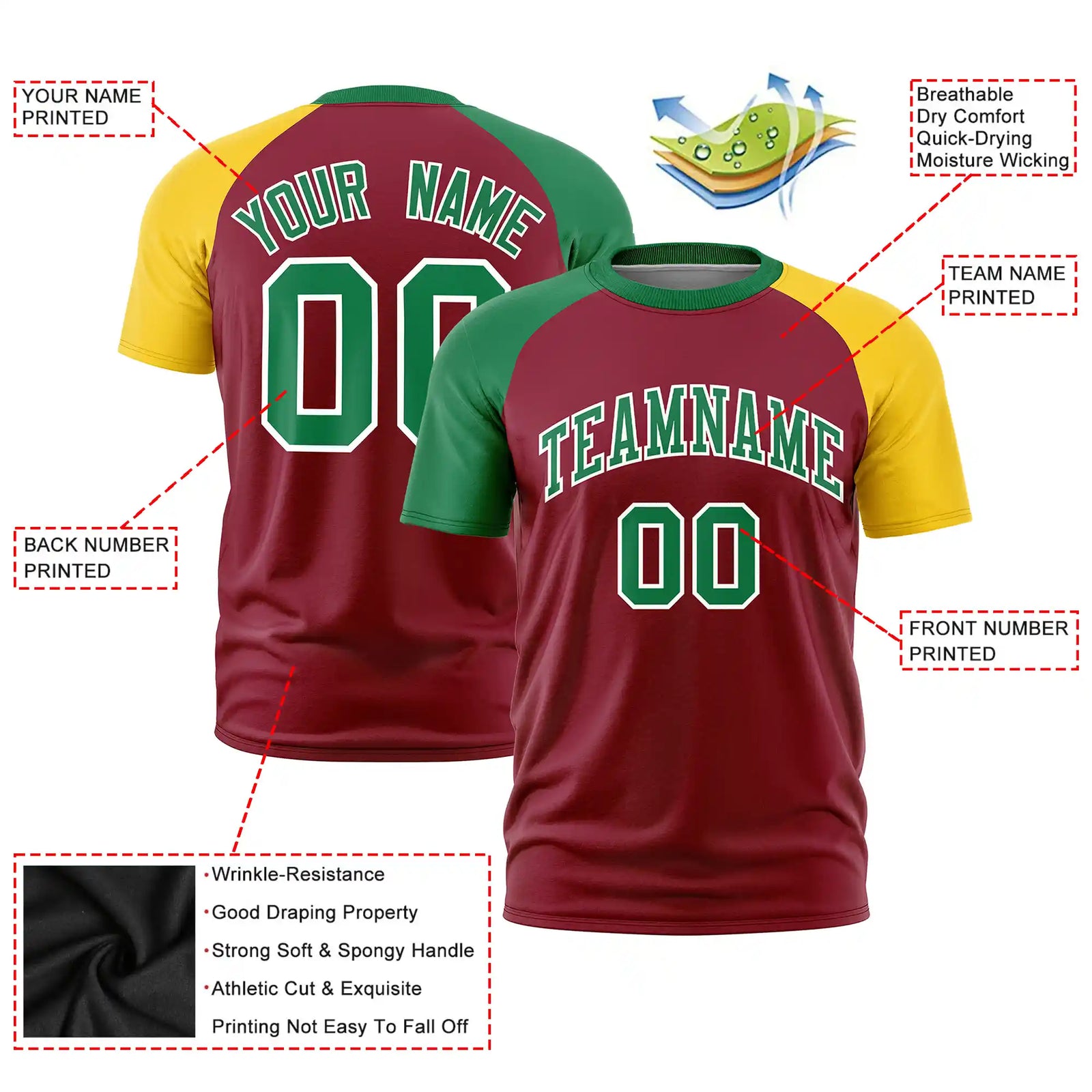 Custom Crimson Kelly Green-Gold01 Crew Neck Two Tone Sleeve Design Performance T-Shirt