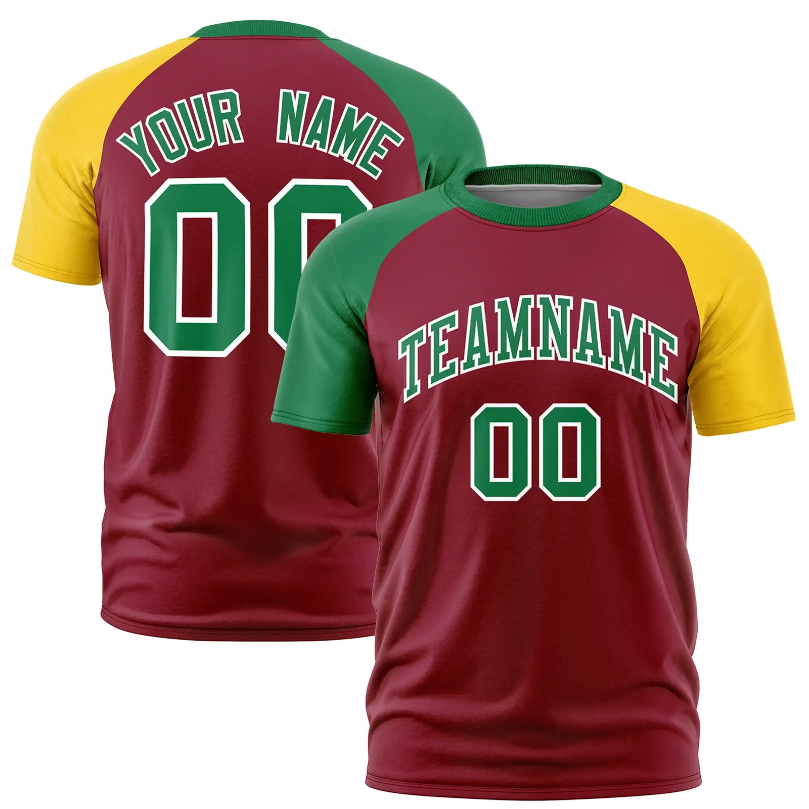 Custom Crimson Kelly Green-Gold01 Crew Neck Two Tone Sleeve Design Performance T-Shirt