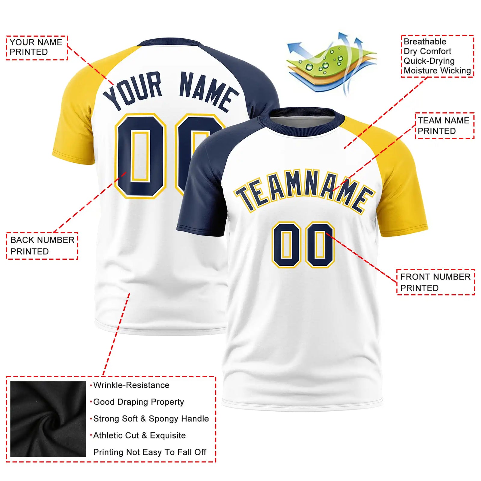 Custom White Navy-Gold01 Crew Neck Two Tone Sleeve Design Performance T-Shirt