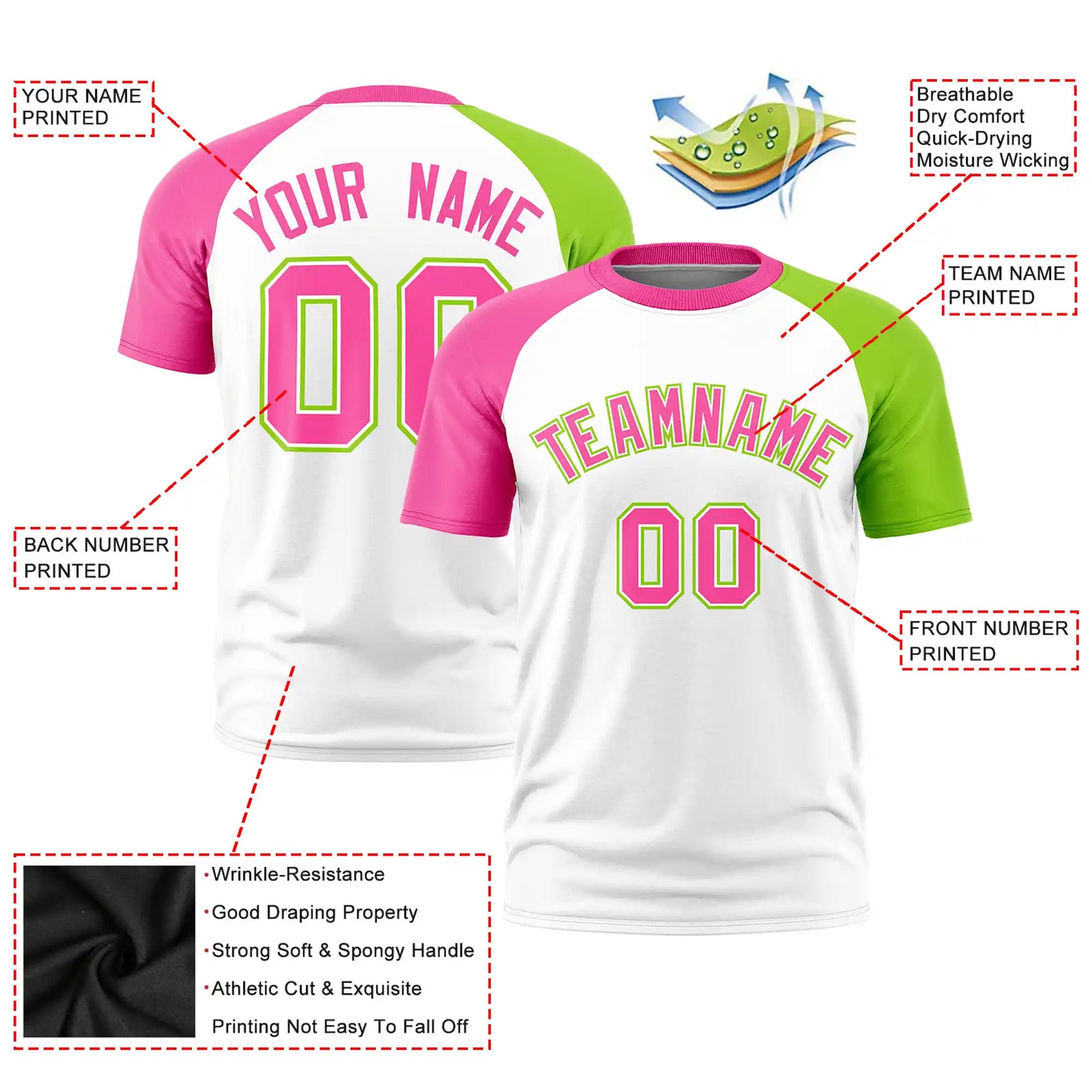 Custom White Pink-Neon Green Crew Neck Two Tone Sleeve Design Performance T-Shirt