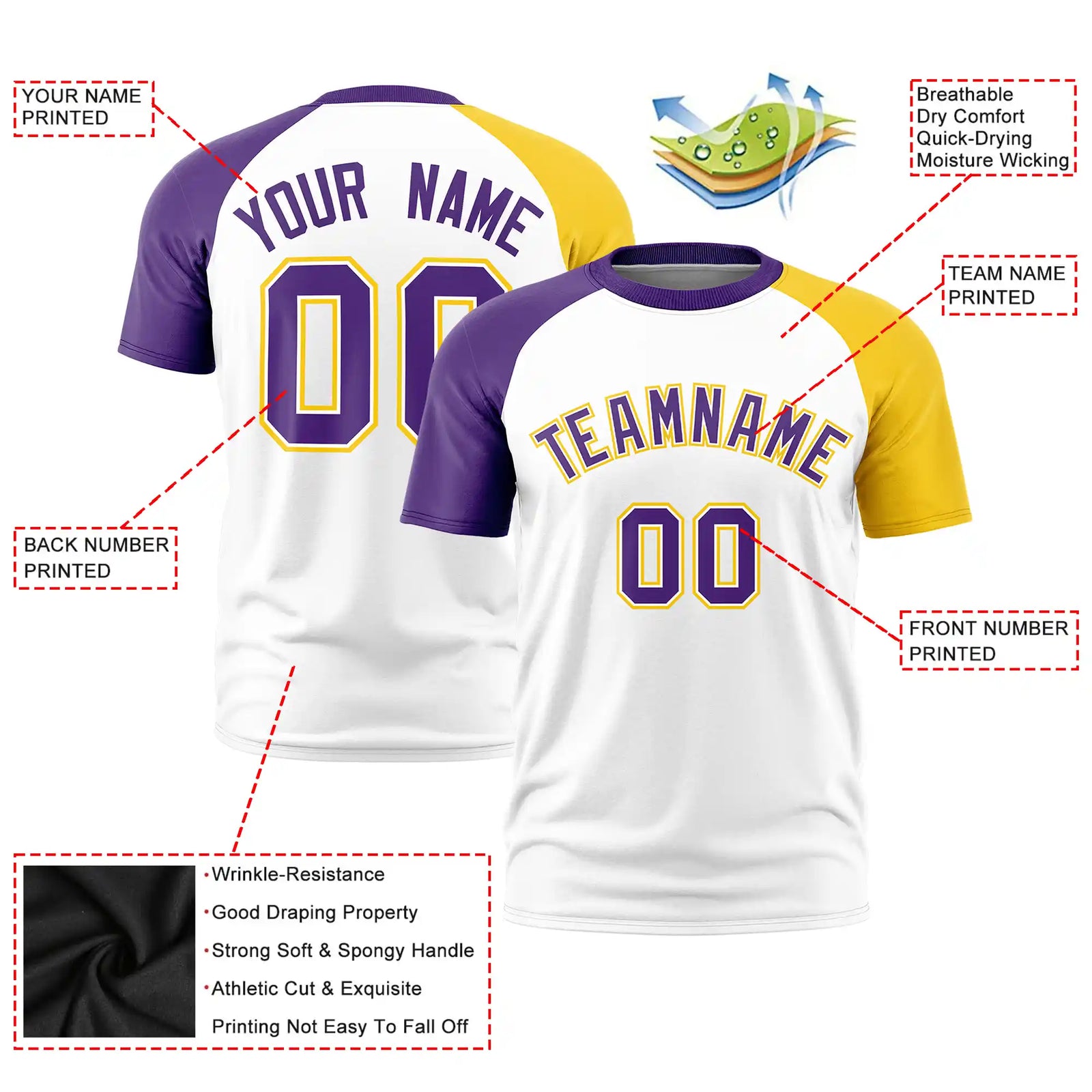 Custom White Purple-Gold01 Crew Neck Two Tone Sleeve Design Performance T-Shirt