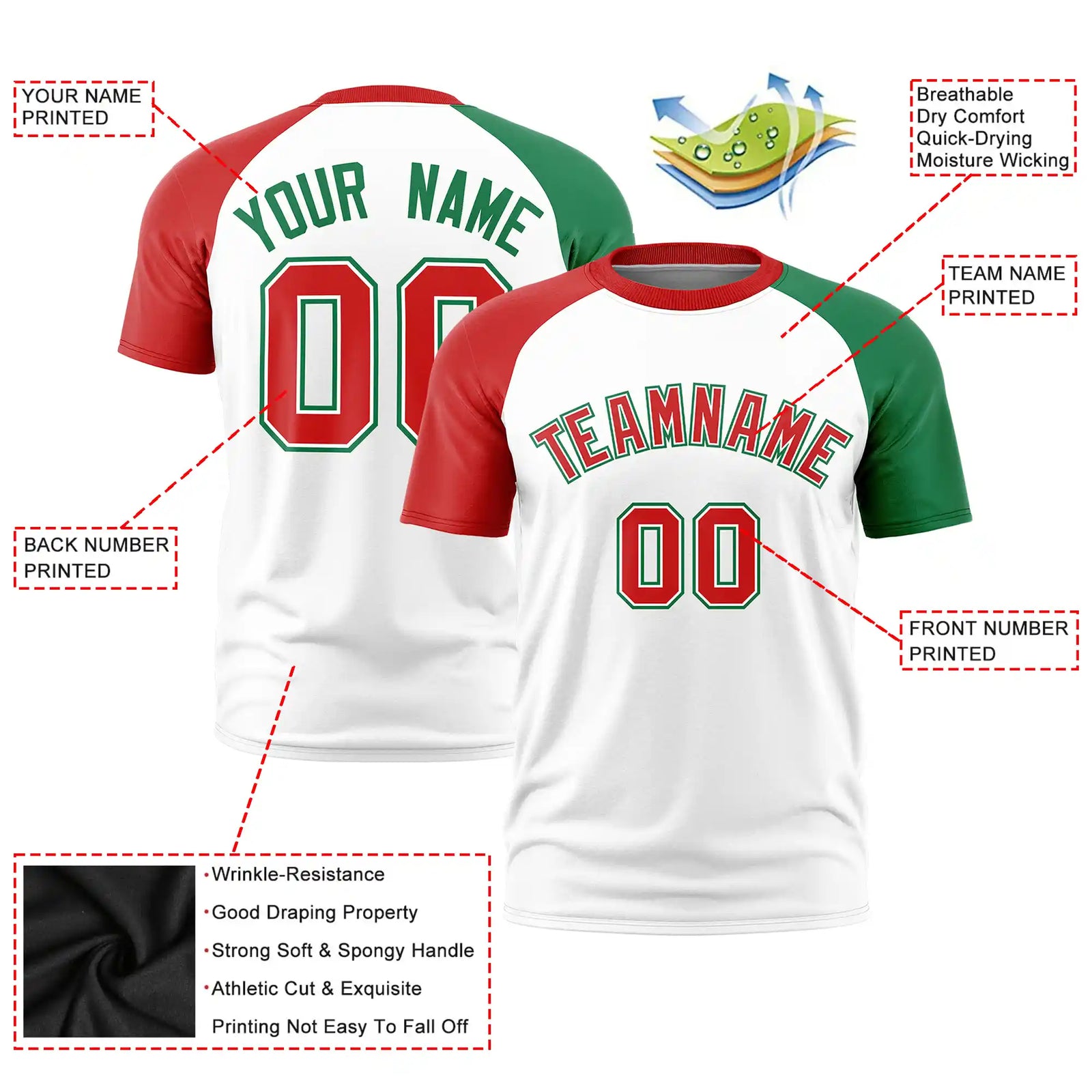 Custom White Red-Kelly Green Crew Neck Two Tone Sleeve Design Performance T-Shirt