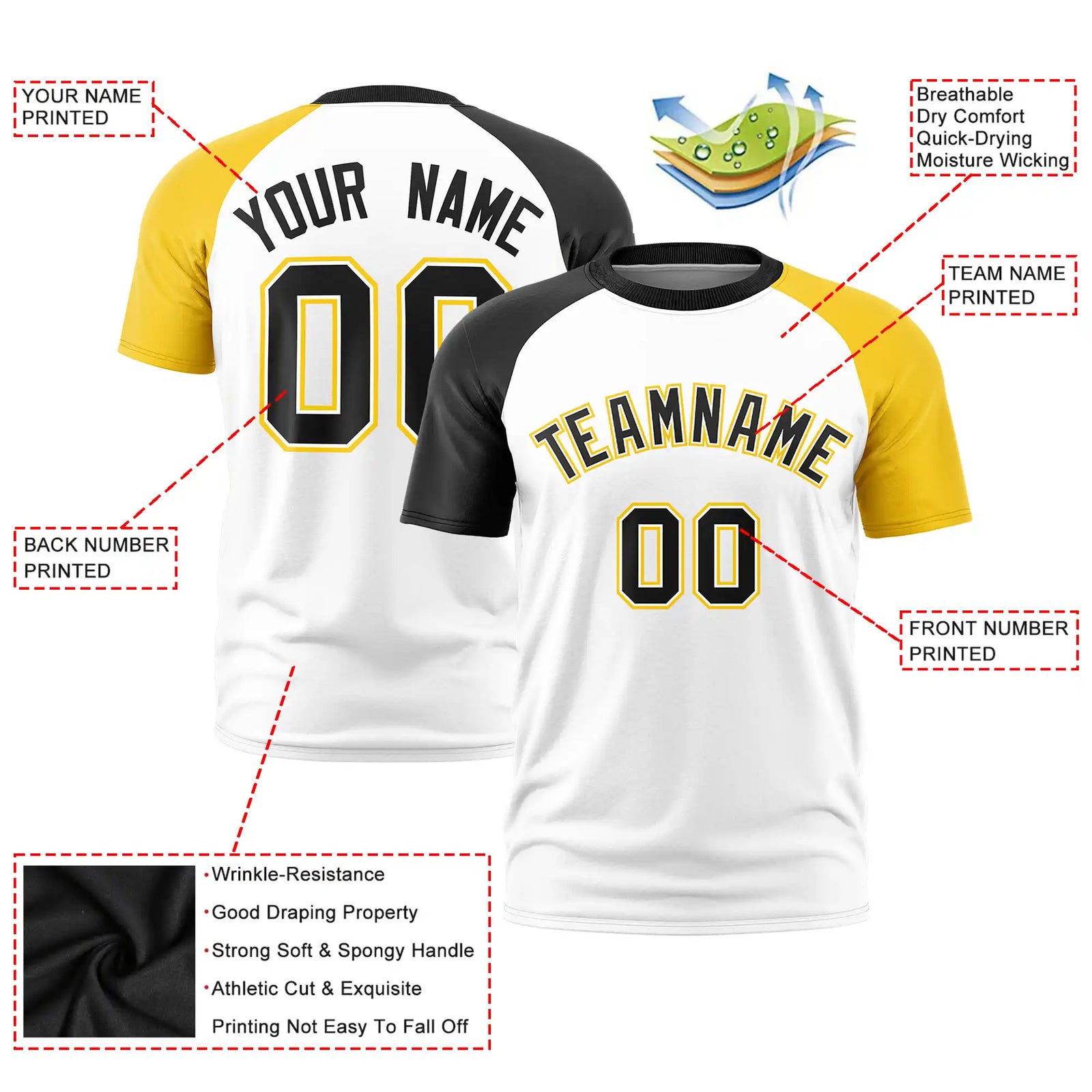 Custom White Black-Gold01 Crew Neck Two Tone Sleeve Design Performance T-Shirt