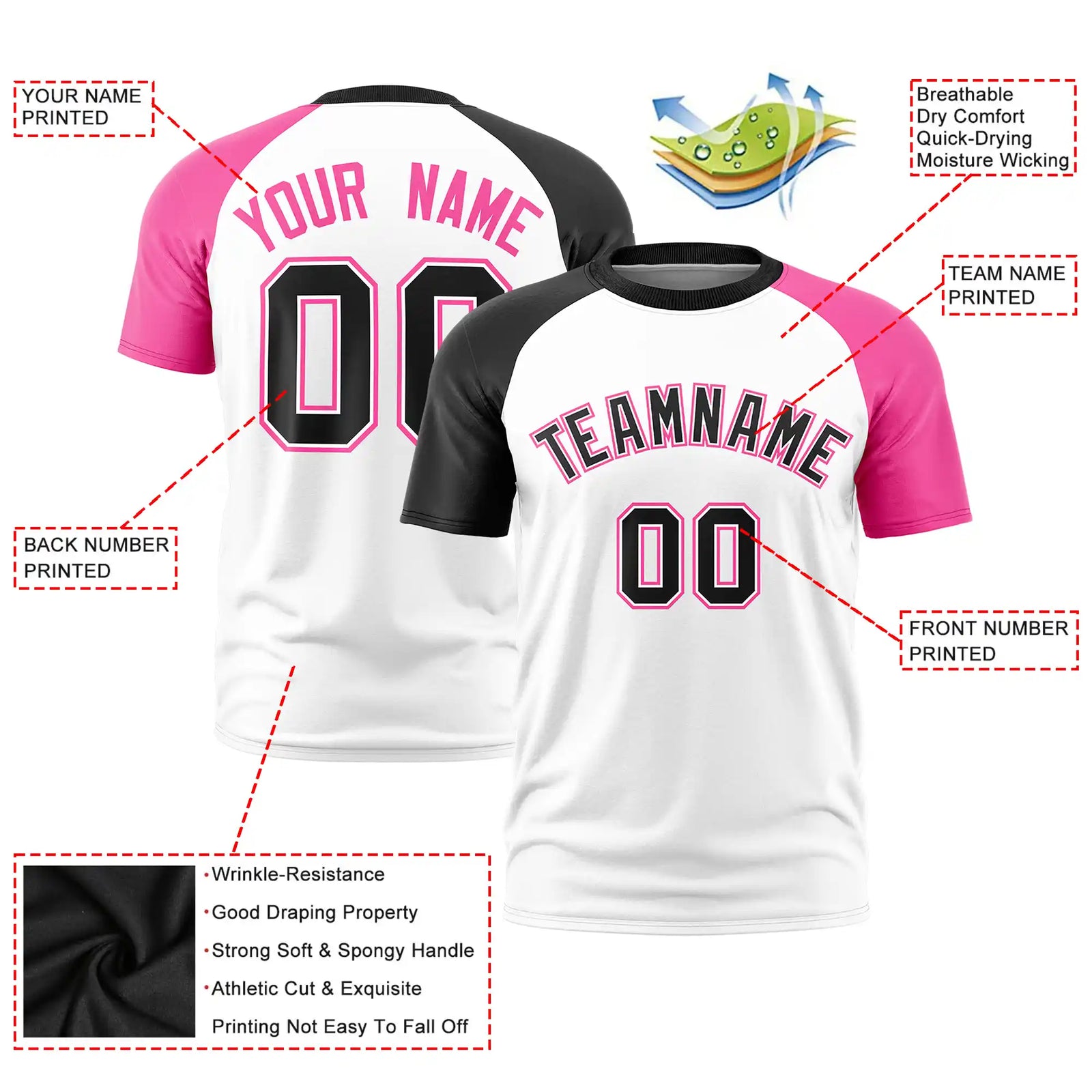 Custom White Black-Pink Crew Neck Two Tone Sleeve Design Performance T-Shirt