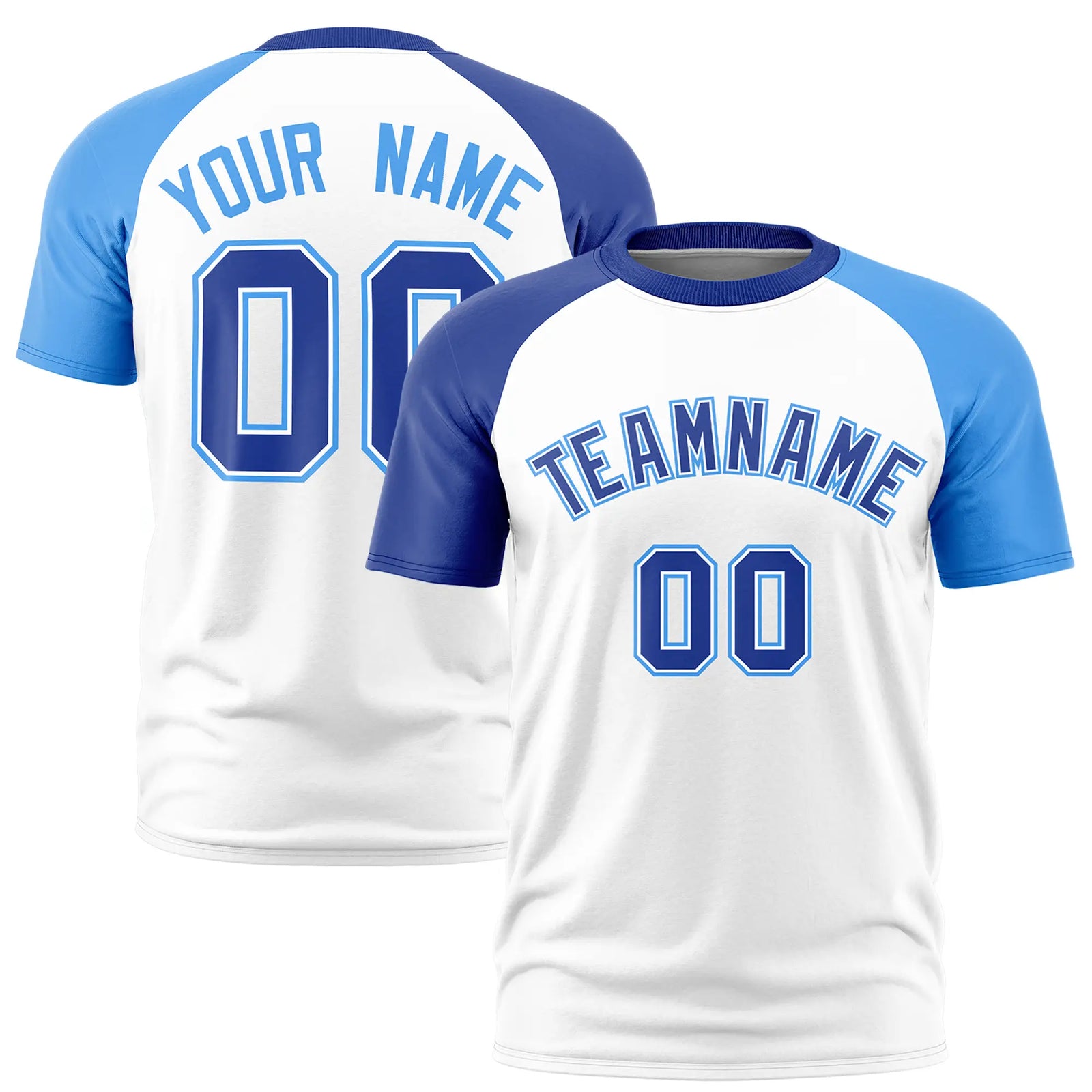 Custom White Royal Blue-Powder Blue Crew Neck Two Tone Sleeve Design Performance T-Shirt