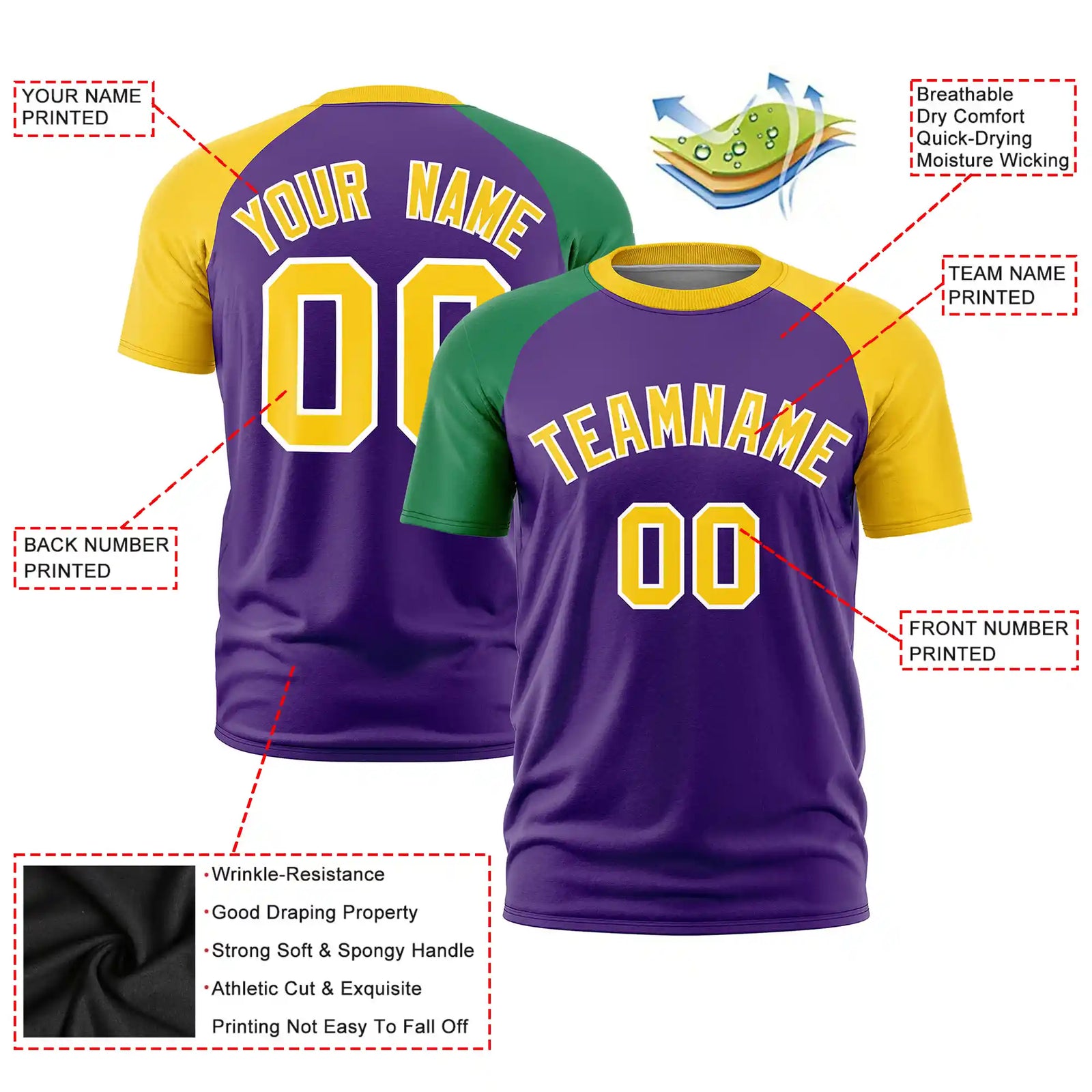 Custom Purple Kelly Green-Gold01 Crew Neck Two Tone Sleeve Design Performance T-Shirt