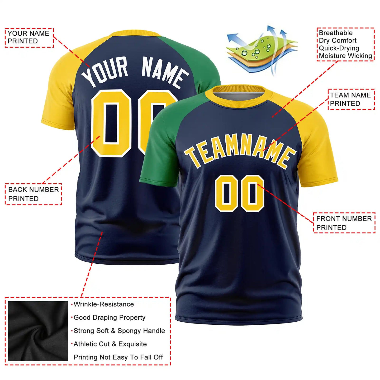 Custom Navy Kelly Green-Gold01 Crew Neck Two Tone Sleeve Design Performance T-Shirt