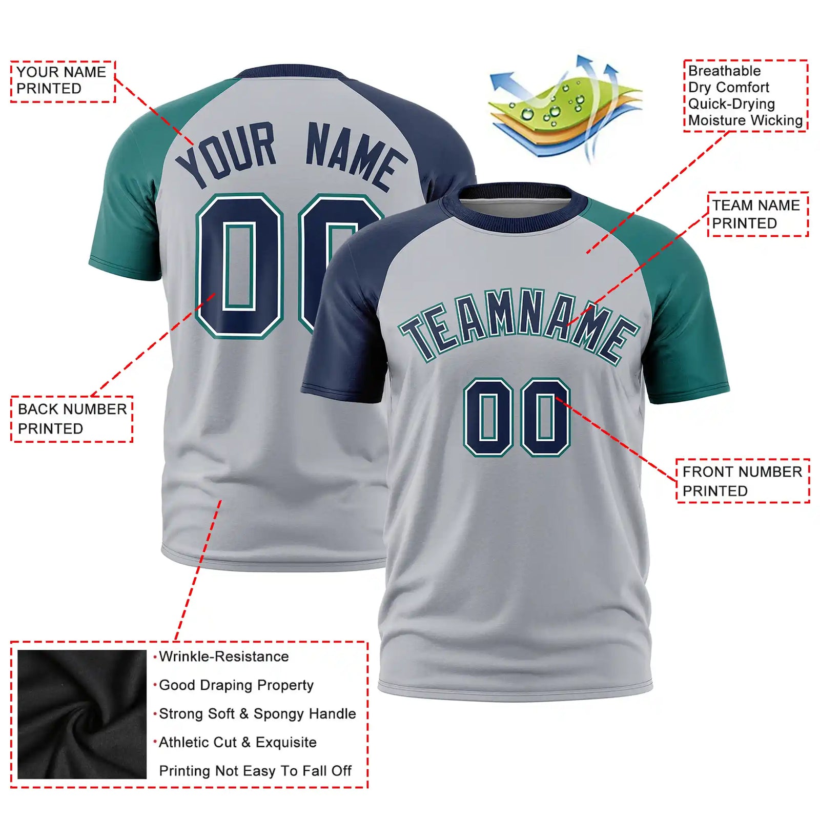 Custom Gray Navy-Aqua Crew Neck Two Tone Sleeve Design Performance T-Shirt