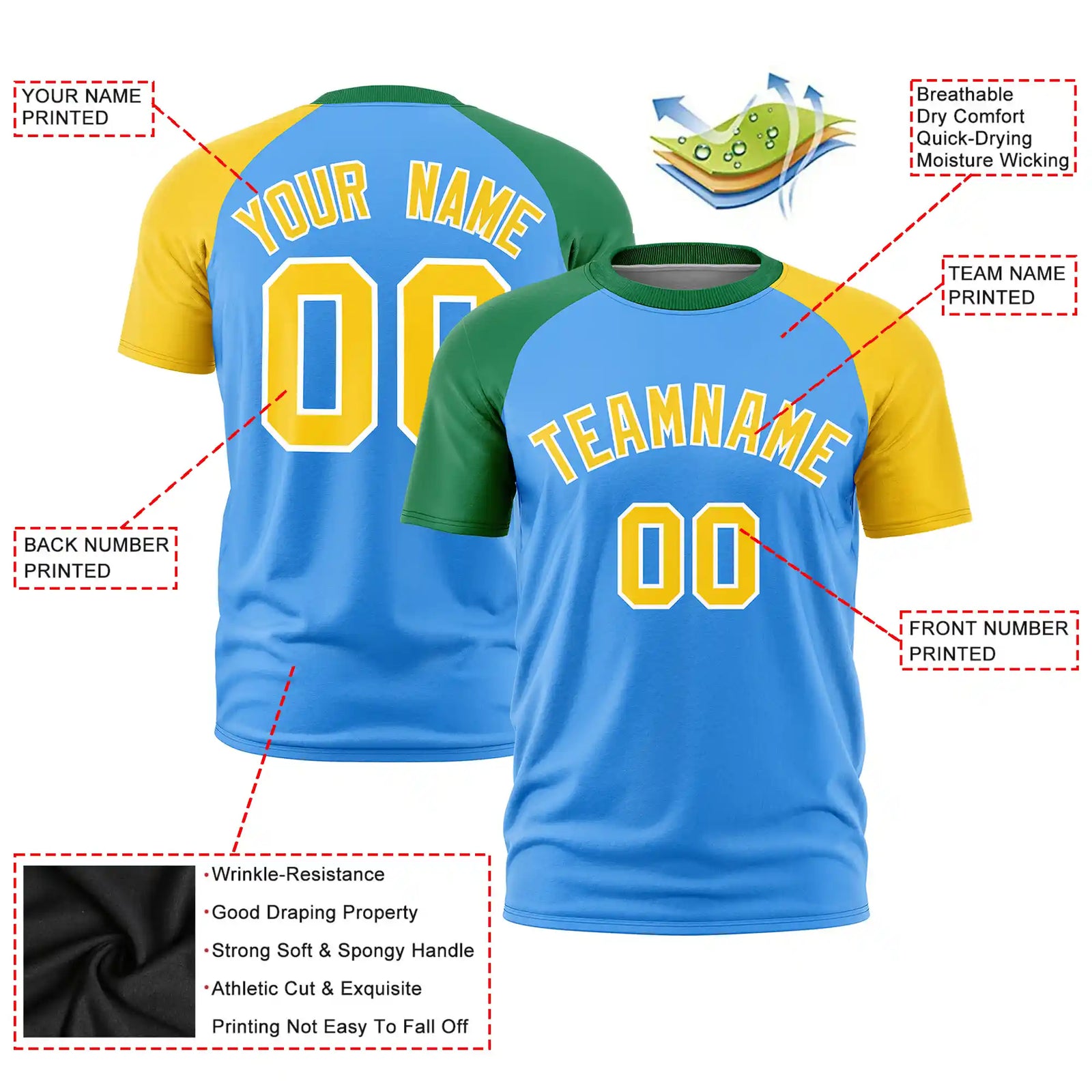 Custom Powder Blue Kelly Green-Gold01 Crew Neck Two Tone Sleeve Design Performance T-Shirt