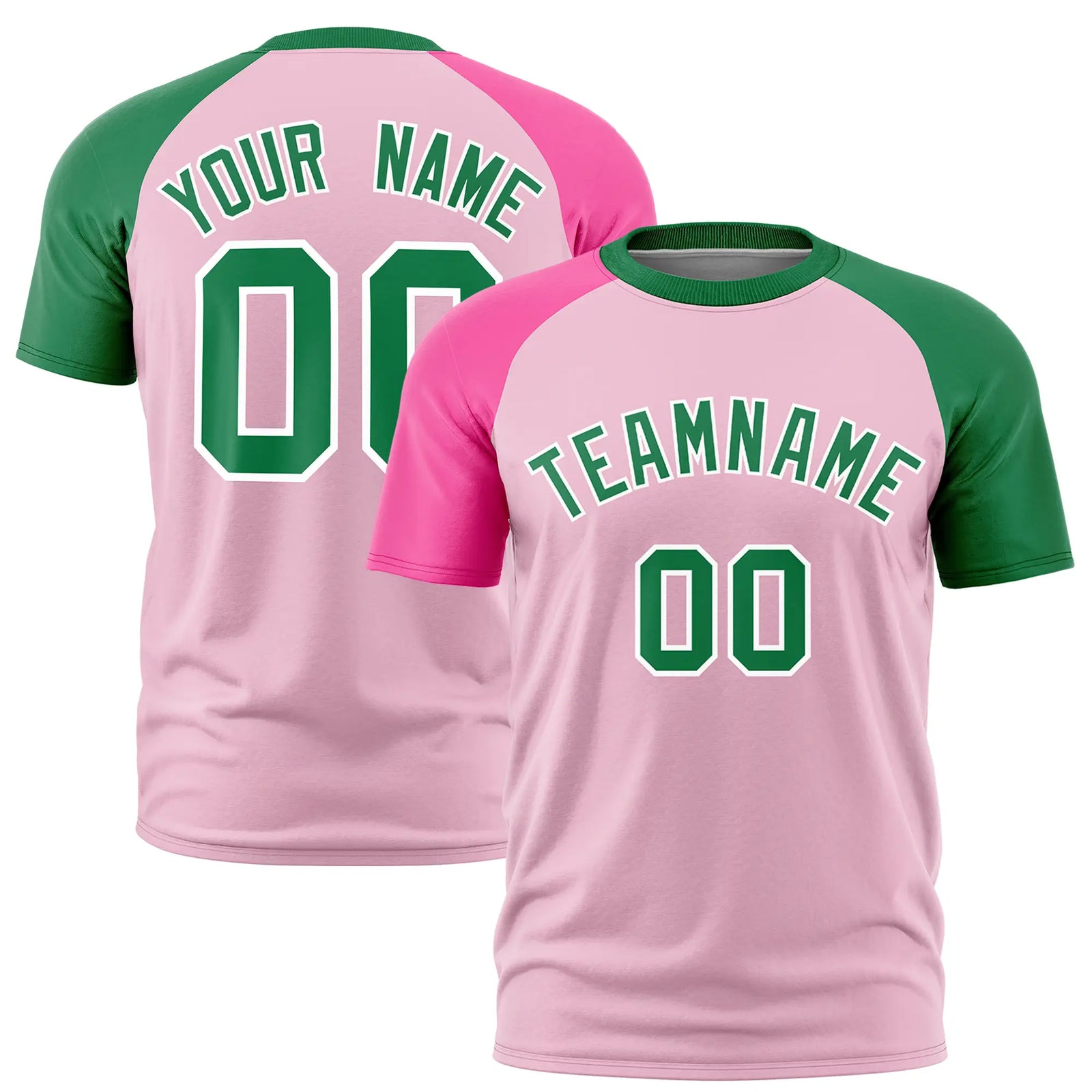 Custom Light Pink Pink-Kelly Green Crew Neck Two Tone Sleeve Design Performance T-Shirt