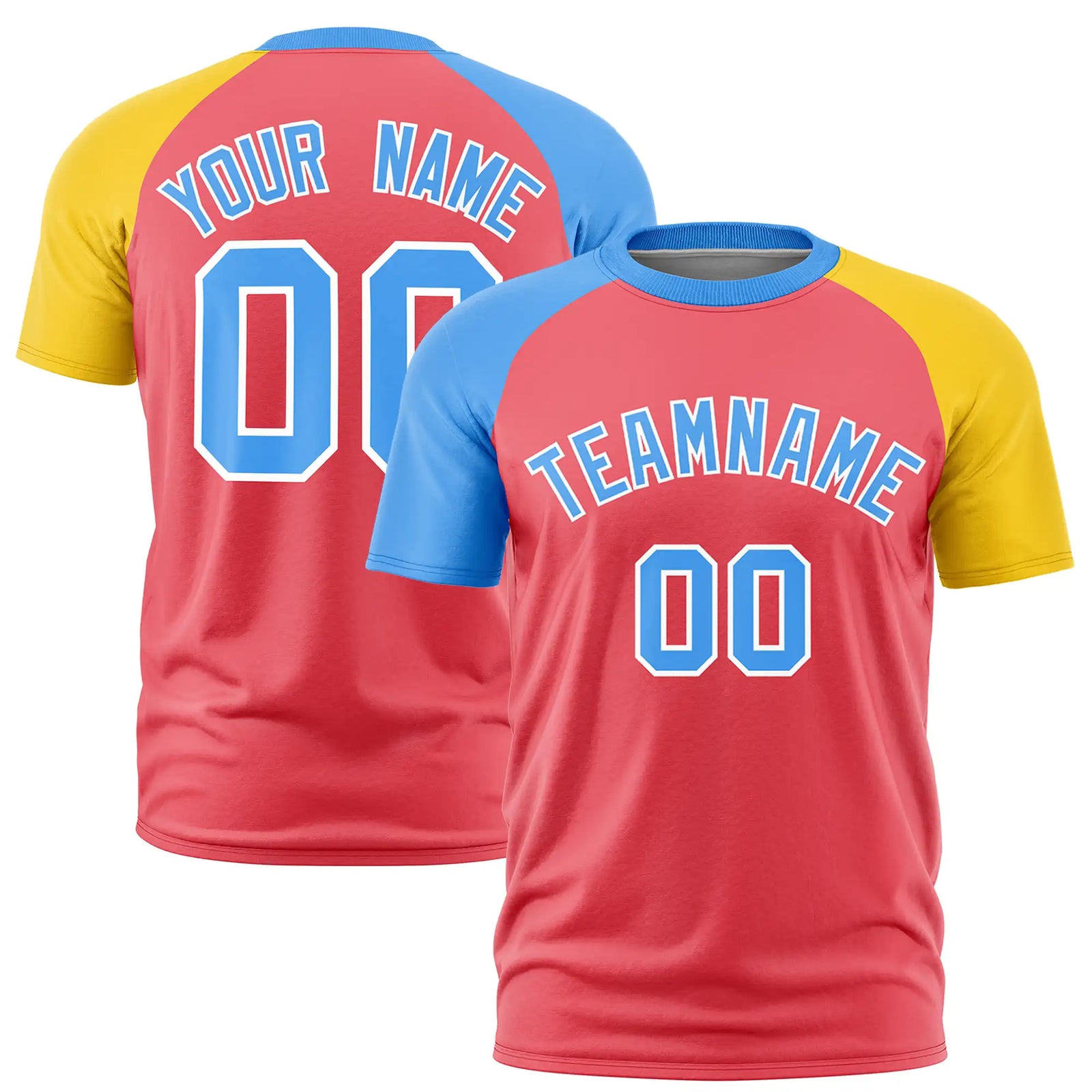 Custom Light Red Powder Blue-Gold01 Crew Neck Two Tone Sleeve Design Performance T-Shirt