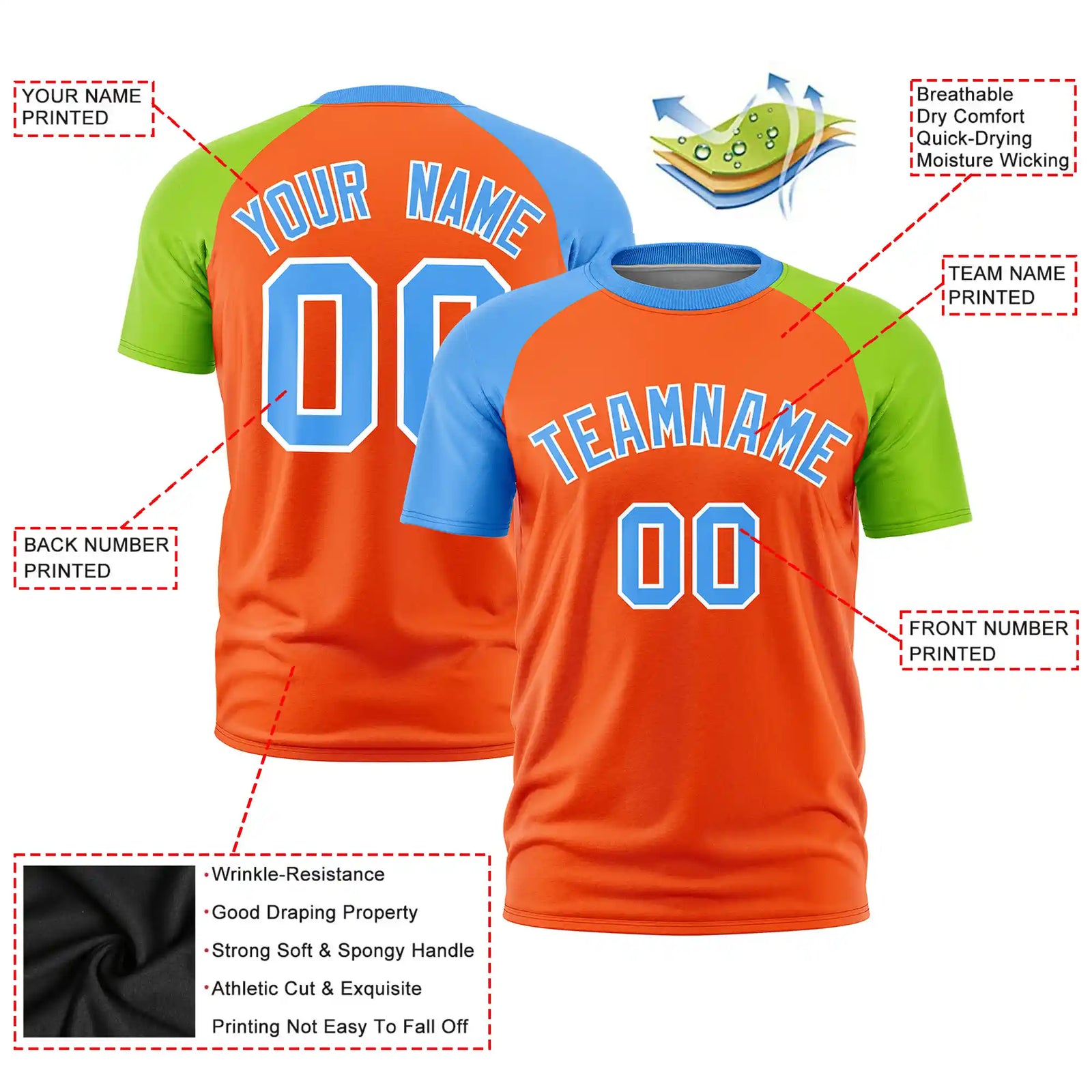 Custom Orange Powder Blue-Neon Green Crew Neck Two Tone Sleeve Design Performance T-Shirt