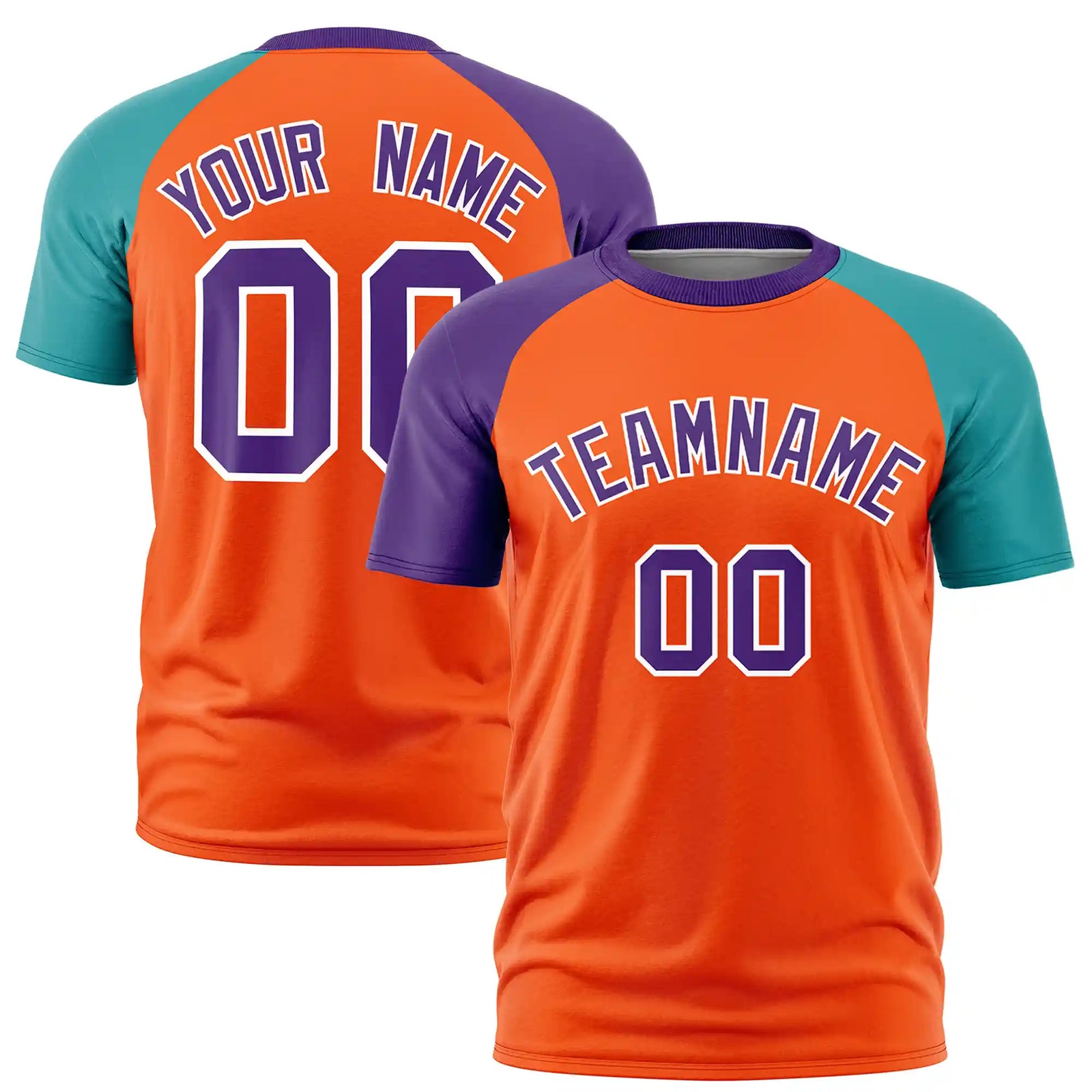Custom Orange Purple-Aqua Crew Neck Two Tone Sleeve Design Performance T-Shirt