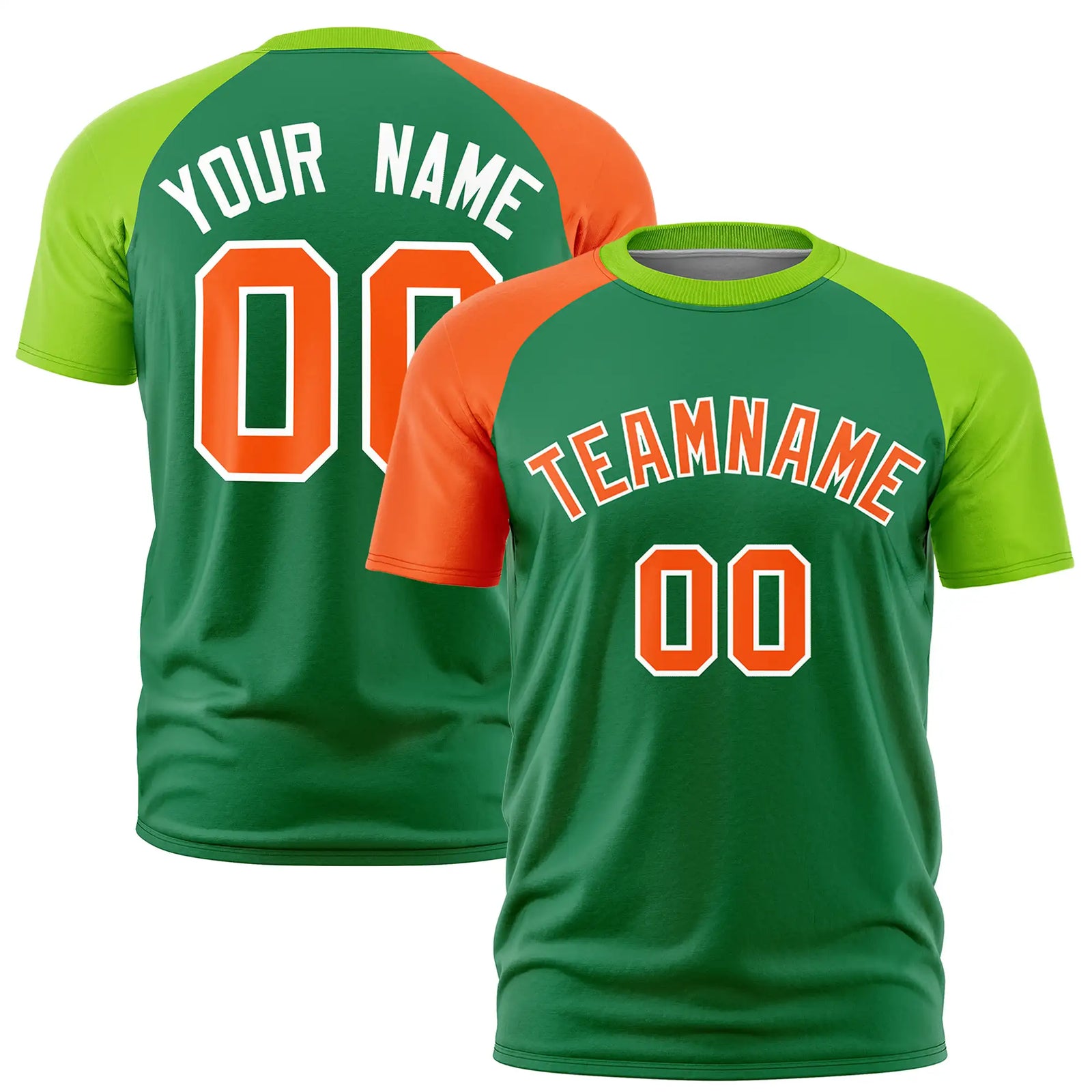 Custom Kelly Green Orange-Neon Green Crew Neck Two Tone Sleeve Design Performance T-Shirt