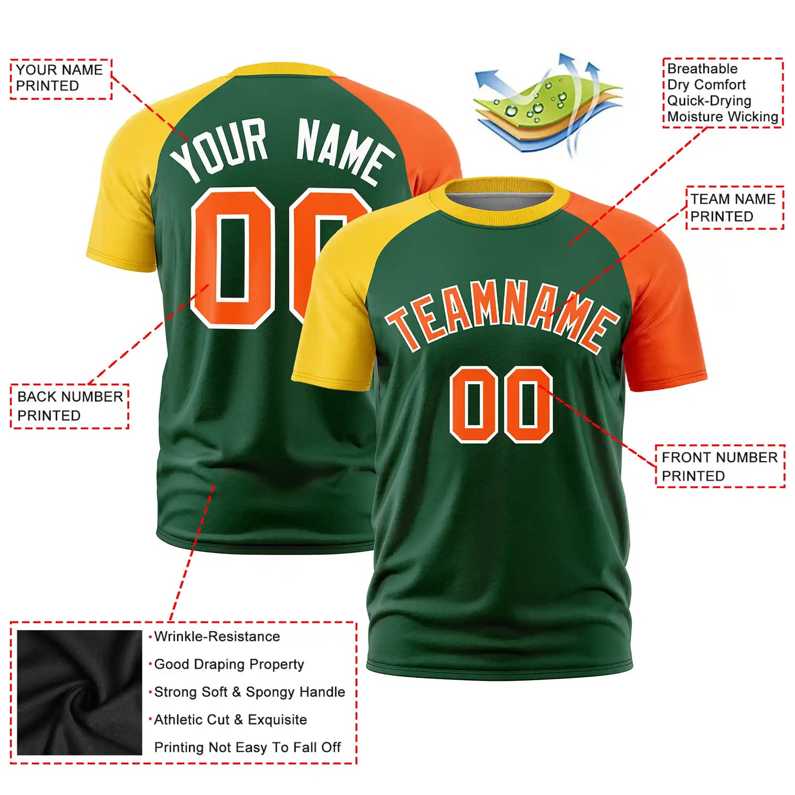 Custom Green Gold01-Orange Crew Neck Two Tone Sleeve Design Performance T-Shirt