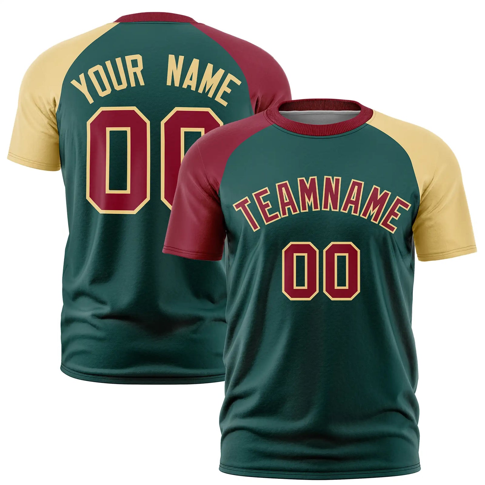 Custom Midnight Green Crimson-Khaki Crew Neck Two Tone Sleeve Design Performance T-Shirt