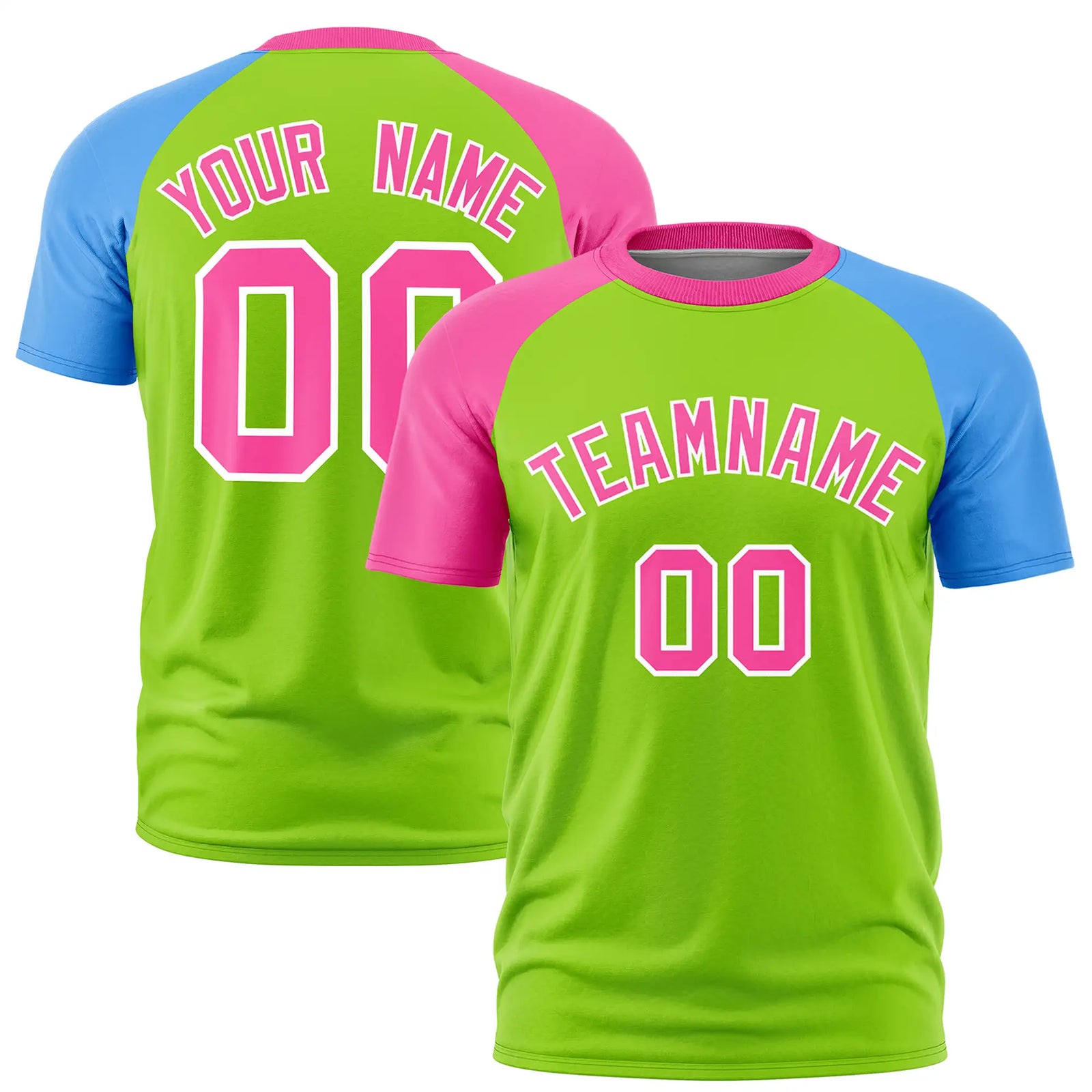 Custom Neon Green Pink-Powder Blue Crew Neck Two Tone Sleeve Design Performance T-Shirt