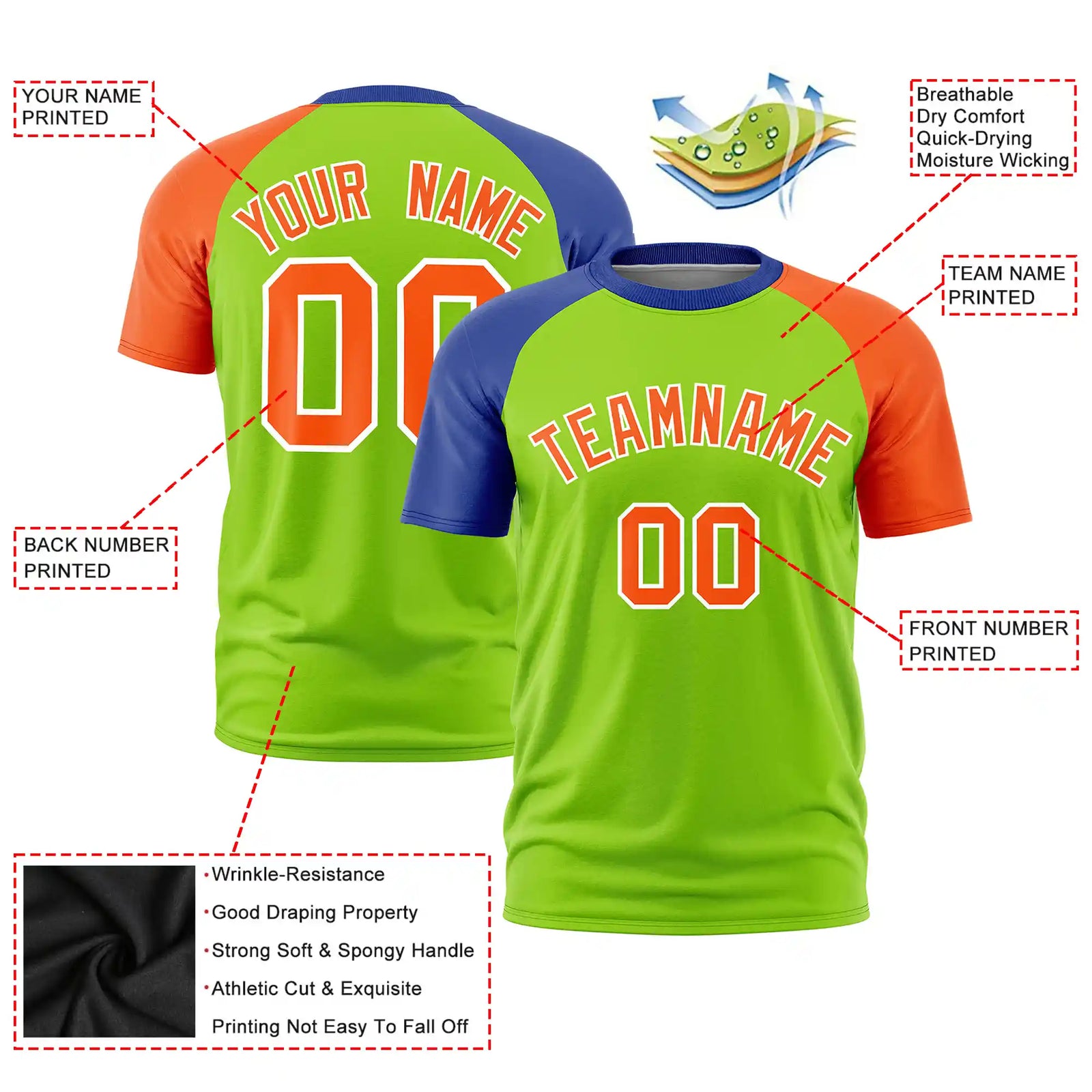 Custom Neon Green Royal Blue-Orange Crew Neck Two Tone Sleeve Design Performance T-Shirt