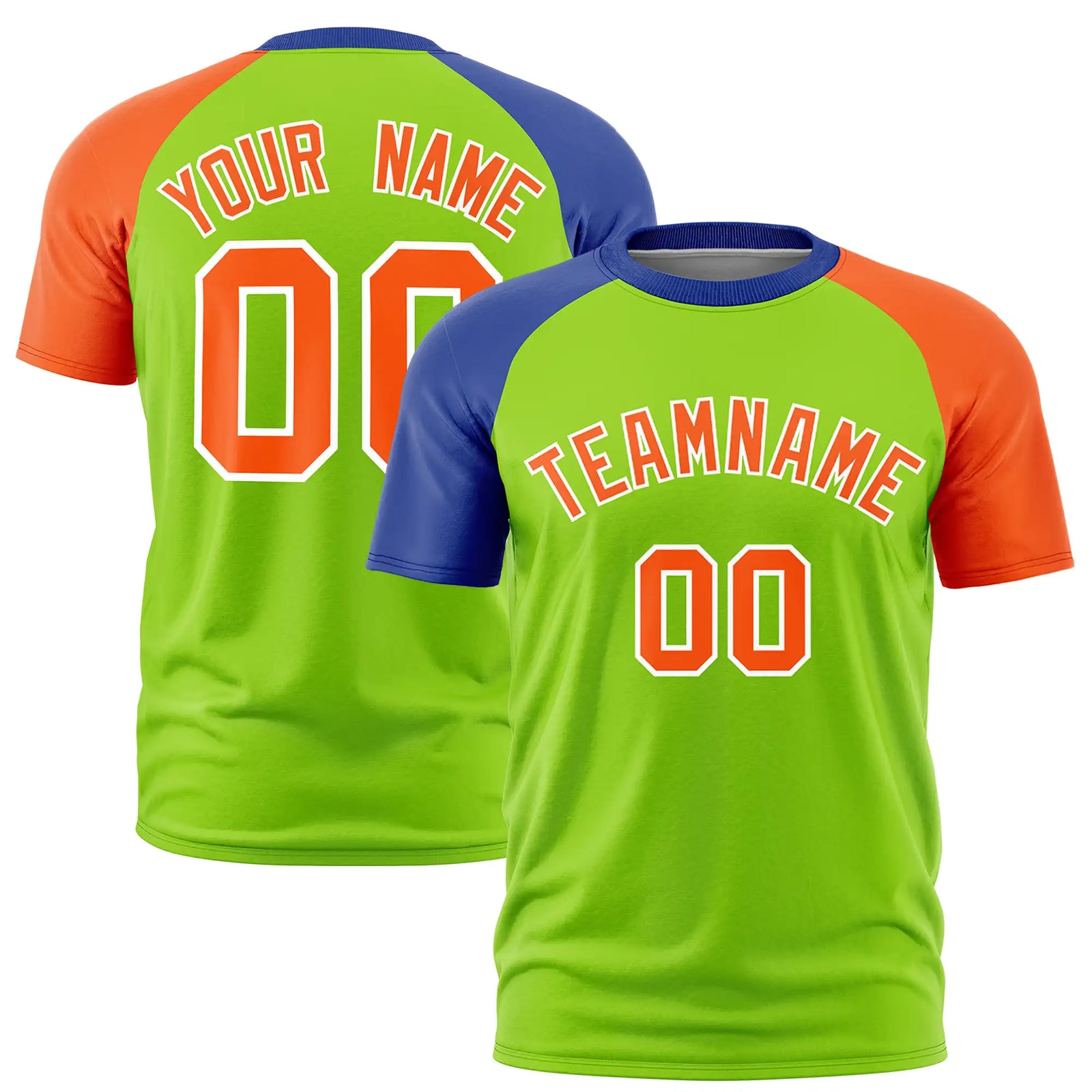 Custom Neon Green Royal Blue-Orange Crew Neck Two Tone Sleeve Design Performance T-Shirt