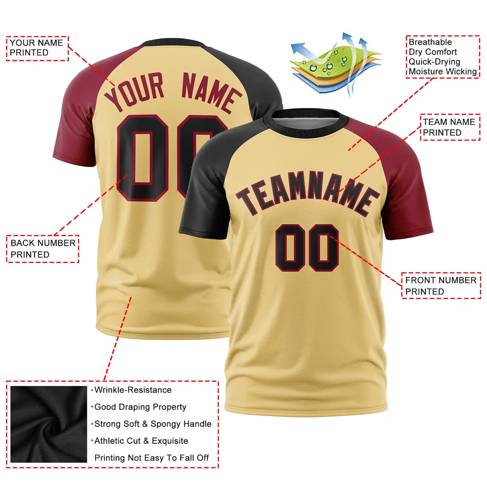 Custom Khaki Black-Crimson Crew Neck Two Tone Sleeve Design Performance T-Shirt