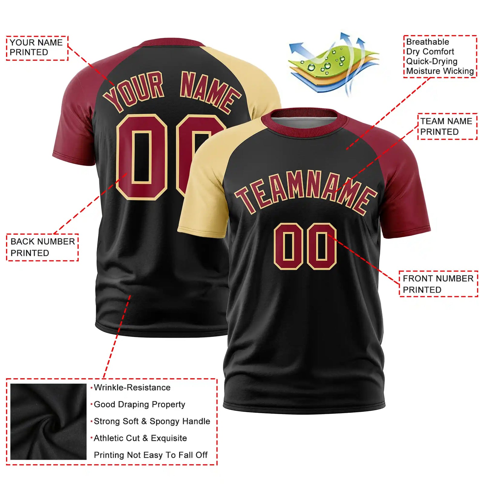 Custom Black Khaki-Crimson Crew Neck Two Tone Sleeve Design Performance T-Shirt