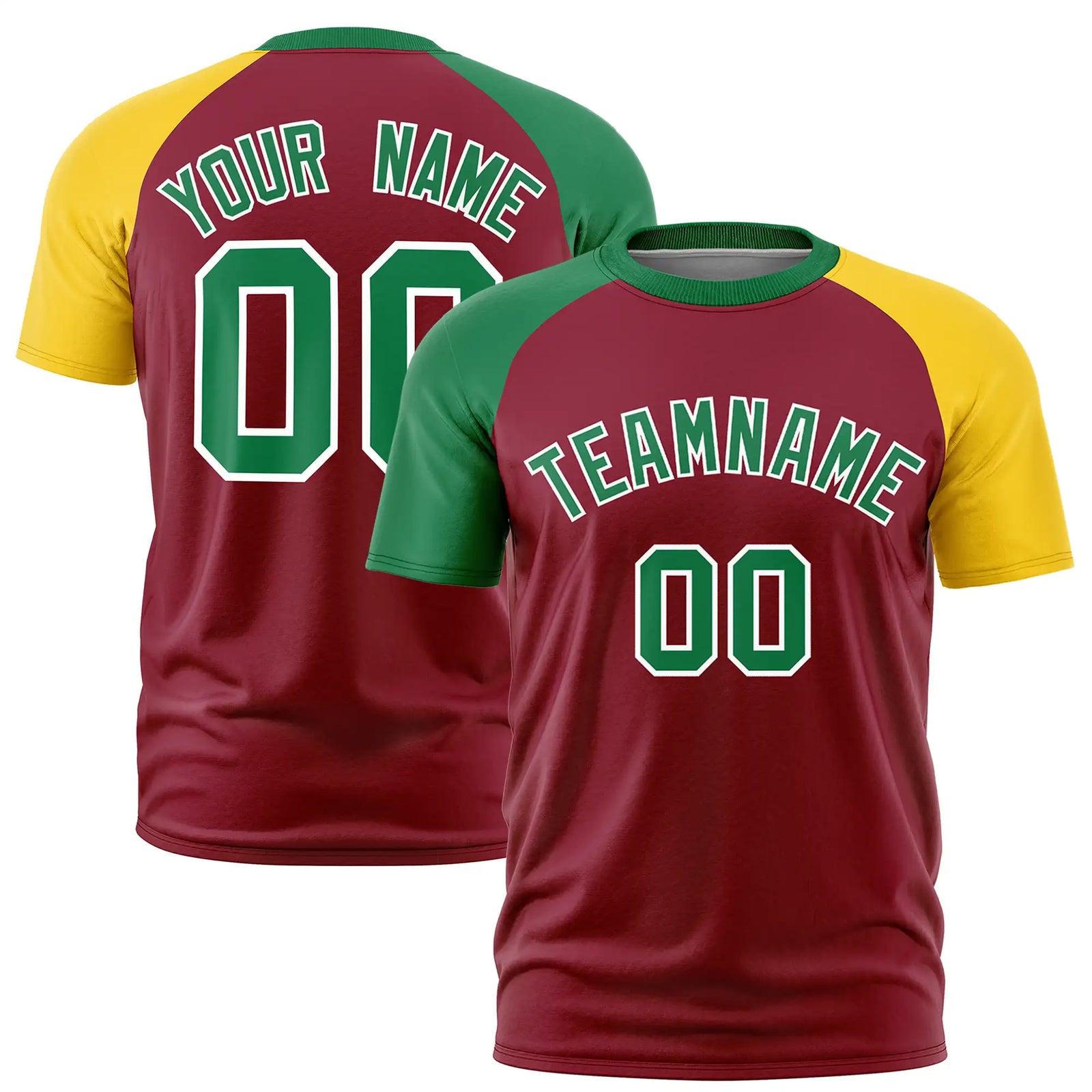 Custom Crimson Kelly Green-Gold01 Crew Neck Two Tone Sleeve Design Performance T-Shirt